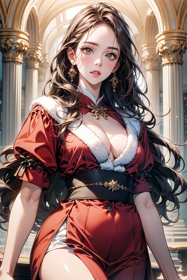 (Masterpiece, Best Quality, High Quality, Highres:1.4), Detailed, Extremely Detailed, Ambient Soft Lighting, 4K, Ornate,

Indoors, (Renaissance, Vintage:1.4), Plants, Window,

1Gril, (Solo:1.4), (:1.2), Standing, Upper Body, (Face Focus:1.2),

(Extremely Detailed Hair:1.2), Blonde Hair, Long Hair, Long Sidelocks, Bangs, (Hair Intakes, High Ponytail:1.4),

Expressionless, Emotionless, (Red Eyes, Glaring, Contempt, Disgust, Looking at Viewer:1.2),

Curvy, Huge Breasts, , (Bursting Breasts:1.2), 

(Tiara:1.2), Crown, (Cleavage, Strapless, Red Dress, Frilled Dress, Long Skirt, Puffy Skirt, Puffy Sleeves, Juliet Sleeves, Long Sleeves:1.2), Jewelry,