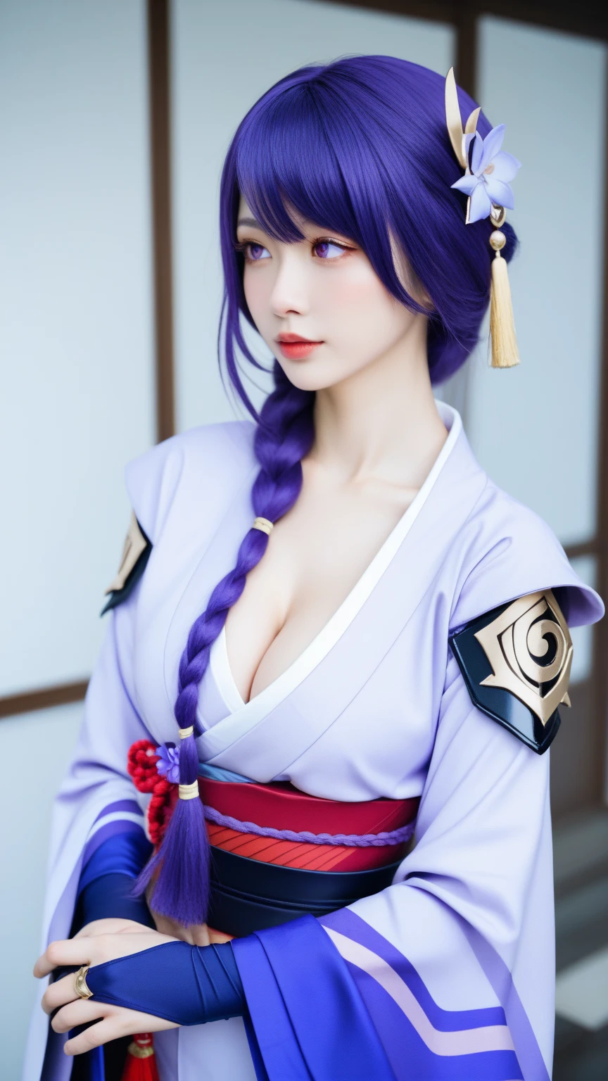  best quality, tmasterpiece,Ultra-high resolution,Clear face,（Reality：1.4），ferpect lighting，(upper body photo), (photorealistic:1.50), anime wallpaper, Guviz style artwork, cover-up fantasy up to magic , by Yang J, Guviz, beautiful artwork illustration, beautiful digital artwork, beautiful digital illustration, Li Song, beautiful anime portrait, art style in Beauvot, Raiden General Fine clothes White clothes Blunt bangs Braided (mid-chest: 1.4) cleavage Wide sleeve kimono Hair accessories Day clothes (Red belt: 1.4) (light purple hair: 1.4) Very long hair, straight hair, delicate face, cold face, (smooth chin: 0.85), looking at the audience, beautiful eyes, (Glasses), (Wearing glasses), detailed eyes, skirt, (sunset: 1.4), from the side, (((close-up to face))),bright  lighting, front lighting, face shooting, super Giant breast:1.3,