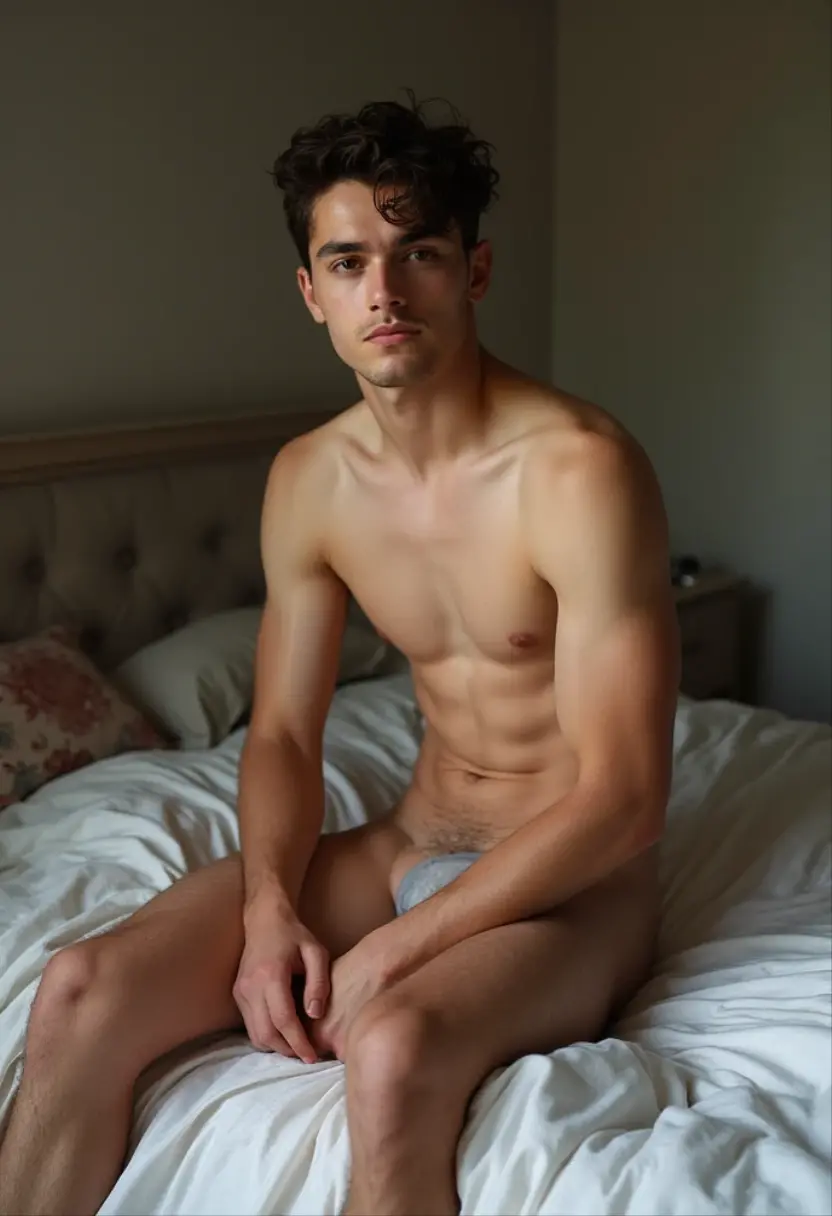 <lora:Aaron_Cohen_v1_GV:1>, handsome, young, twink, Cute young Jewish man. black hair, bright grey eyes. Adorable, nerdy, cute, 21 years old. He is magnificent and beautiful and facing the viewer directly, Covered in oil, laying with back on a bed, black neck choker, abs, biceps (((large hard perky nipples))) black string-thong underwear <lora:muscle_slider_v1:-1.5>