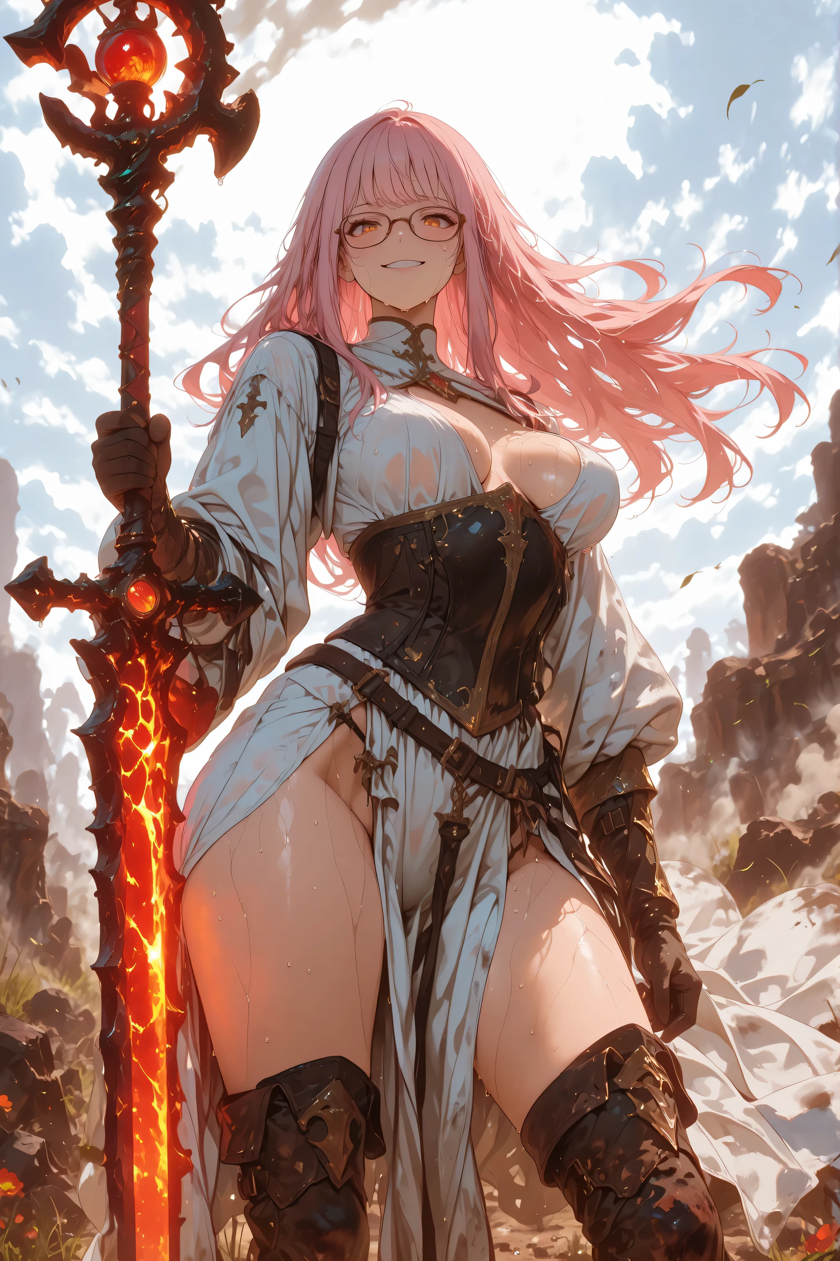 masterpiece, best quality, 8k, 1girl, fantasy character, glasses, standing, contrapposto, (legs apart1.2), white robe, (wind blows), glove, boots, curvy body, medium breasts, pointy breasts, bouncing breasts, dirty feet, long hairstyle, thin pink hair, many items, dramatic atmosphere, intricate details, vivid colors, white background, digital art, equip a magic staff, holding a long sword, looking at viewer, smile, sweaty, midday, cowboy shot, (very sweaty),