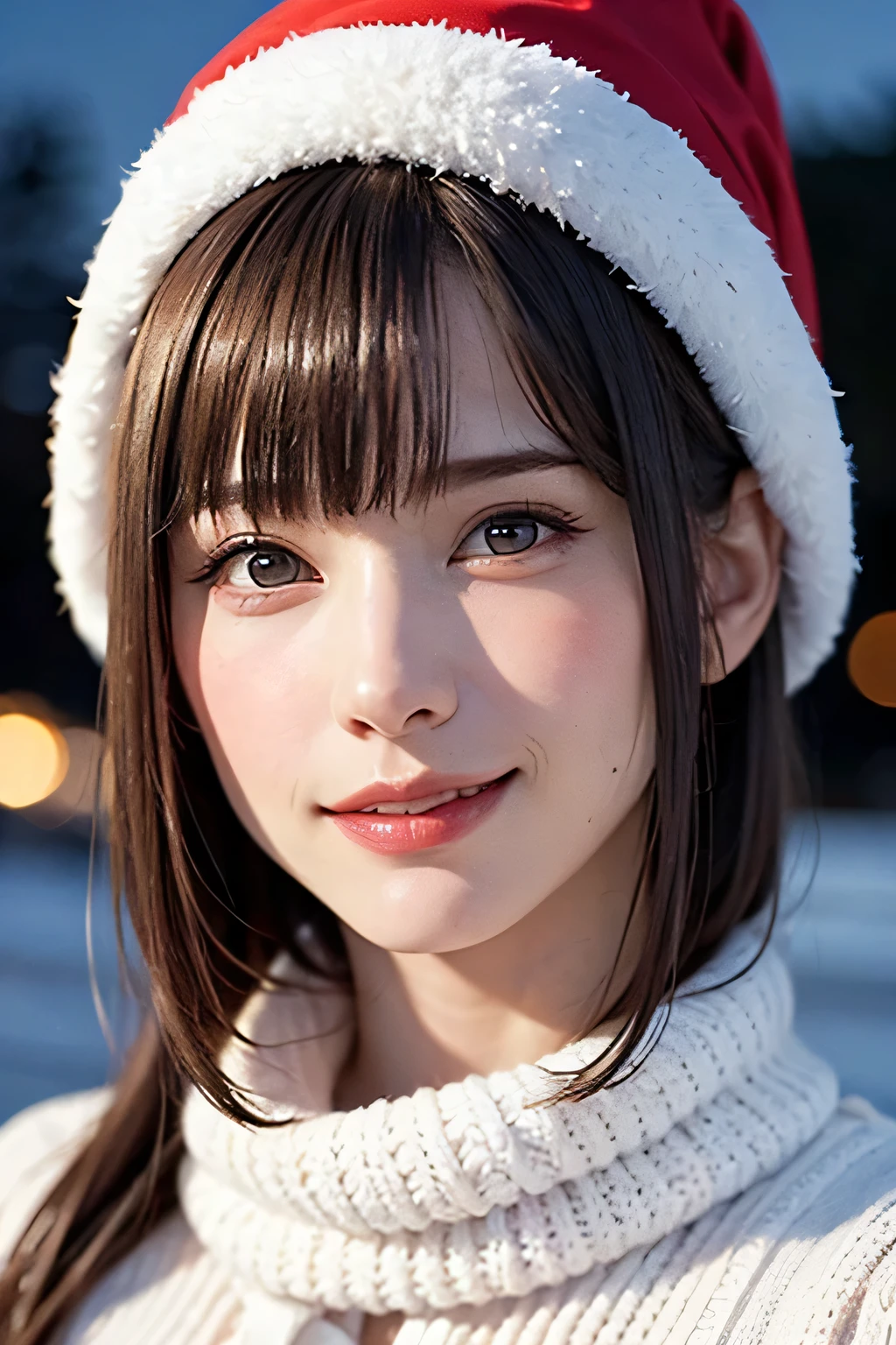 masterpiece, top quality, Ultra High Definition, (Realistic:1.4), Original photo, 1girl, long chestnut hair, , big amber eyes, Watery eyes , (smile:1.3), The corners of the mouth are slightly raised., slightly red cheeks, bangs:2, white knit hat, Red knitted hat, Santa Claus costume, white wool scarf,Eyelashes, Glossy Lips, Short hair with beautiful shiny bangs, bangs:2, Tilt your neck just a little, Very cute smile, Beautiful shiny short hair on a winter park bench at night, snow falling and piling up, orange light at dusk, Transmitting Light from Snowflakes, gigantic breasts, Broken Breasts, soft texture, upper body close-up, A lonely and quiet atmosphere.., And no one else