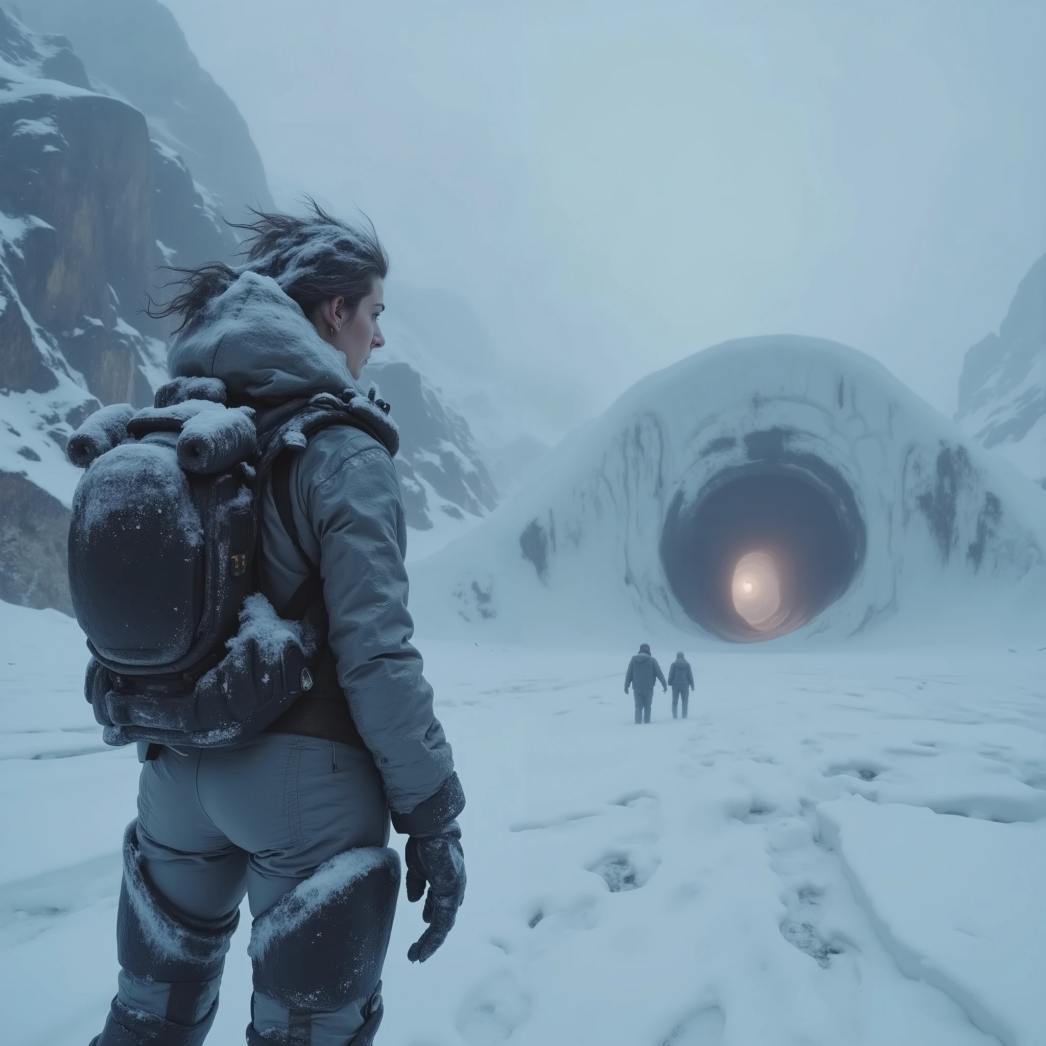 A young woman around 27 years old, The hidden truth of Antarctica, futuristic cold protection heavy equipment with the latest technology, Standing in front of an ancient cave that is collapsing, The inside of the cave emits light like an aurora, The entrance to a lost world surrounded by glaciers in the background, snow piled up on clothes, In a blizzard, Adventurers go
