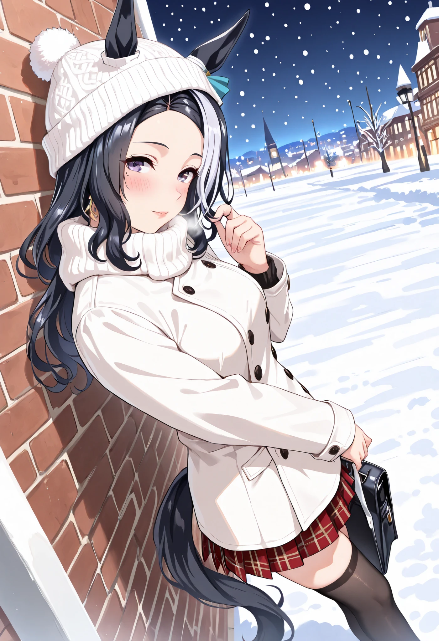 (masterpiece, best quality, perfect face:1.4), wide angle, full body, mejiro ramonu \(umamusume\), black hair, white hair, multicolored hair, ((long hair)), wavy hair, purple eyes, mole under eye, ear ornament, horse ears, horse tail, tail on the lower back, proportional body, proportional,1 girl, beautiful hair, beautiful face, beautiful detailed eyes, beautiful clavicle, beautiful body, beautiful , beautiful thigh, beautiful legs, beautiful fingers, looking at viewer, BREAK, white winter coat, snowy landscape, snowing, white knitted hat, winter clothes, white breath, winter, winter cold sky, plaid pattern pleated red skirt, pattern of snowflake thighhighs, BREAK, (close up face:1.3), (from side:1.3), face focus, dynamic angle, head tilt, shy, embarrassed, blush, looking away, (standing:1.1), leaning on object, (leaning back:1.3), crossed legs, hair twirling, cute hand bag, holding bag, night, brick wall, winter, snow, city, nails, lips, earrings, (solo:1.3), BREAK, ecstatic expression, Ergonomically Correct Body, textured skin, realistic skin, HDR, BREAK, (perfect hands, perfect ),