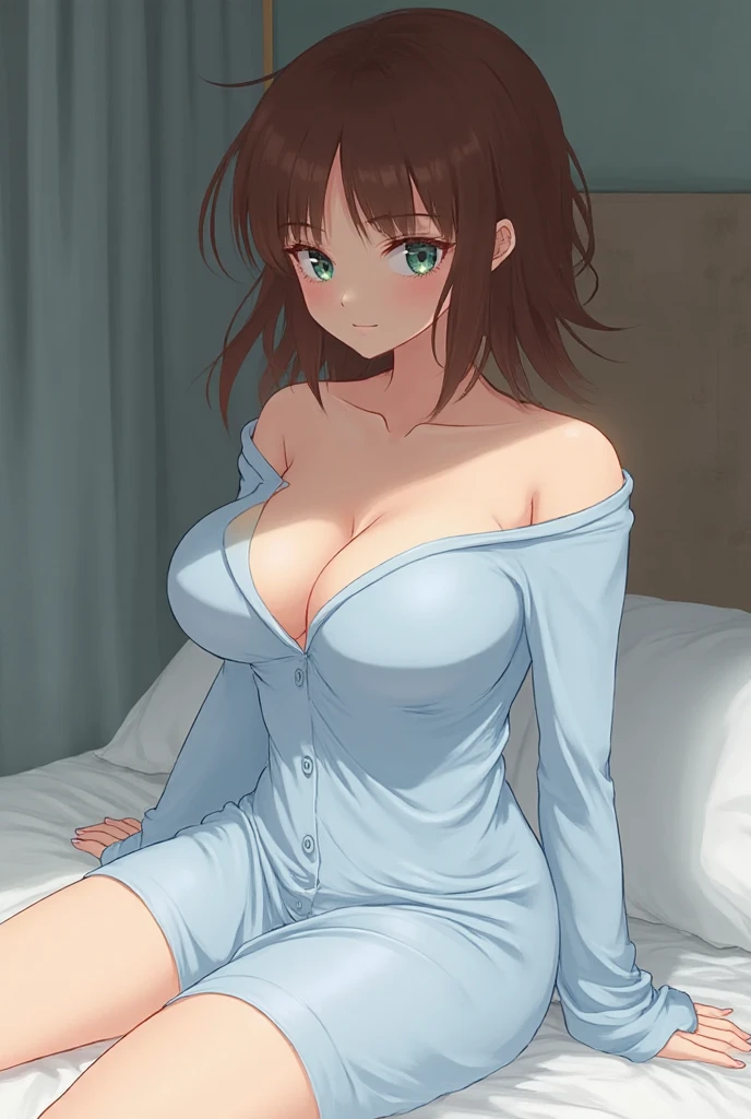 beautiful young woman with long reddish-brown hair,big blue eyes with long eyelashes,extremely detailed face,smooth vibrant anime-style skin texture,perfect busty figure,confident alluring pose,legs slightly spread,white panties visible,hotel room night scene,soft lighting,romantic sultry atmosphere,(best quality,4k,8k,highres,masterpiece:1.2),ultra-detailed,(realistic,photorealistic,photo-realistic:1.37),HDR,UHD,studio lighting,ultra-fine painting,sharp focus,physically-based rendering,extreme detail description,professional,vivid colors,bokeh,portraits,anime