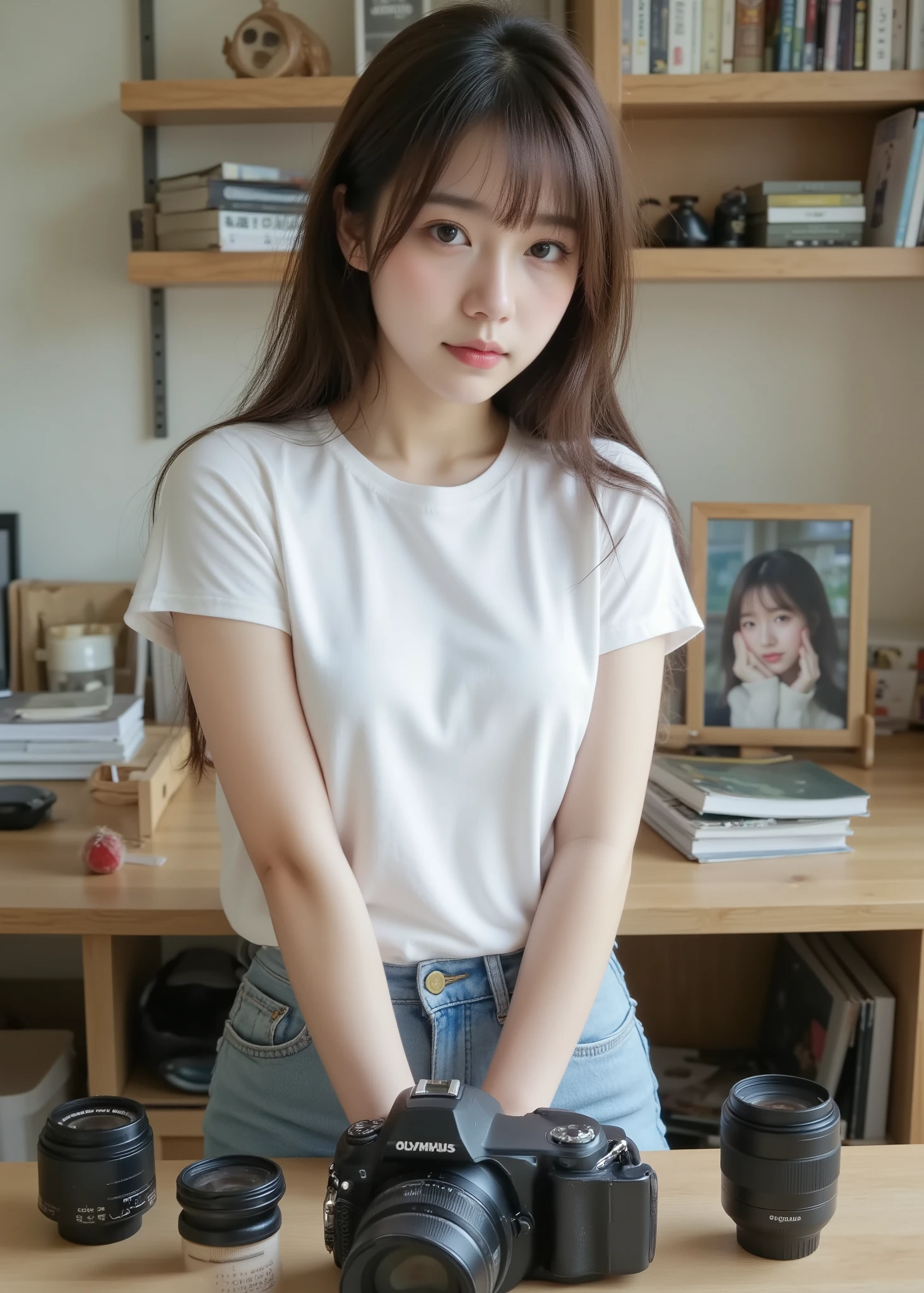 8k resolution,ultra fine,is very realistic,professional lighting,3d rendering,cute woman, 16 years old、white t-shirt、I have a photo frame showing myself、jeans、I have an OLYMPUS SLR camera and 3 interchangeable lenses on the desk in front of me、I have a picture modeled after myself displayed on the back。