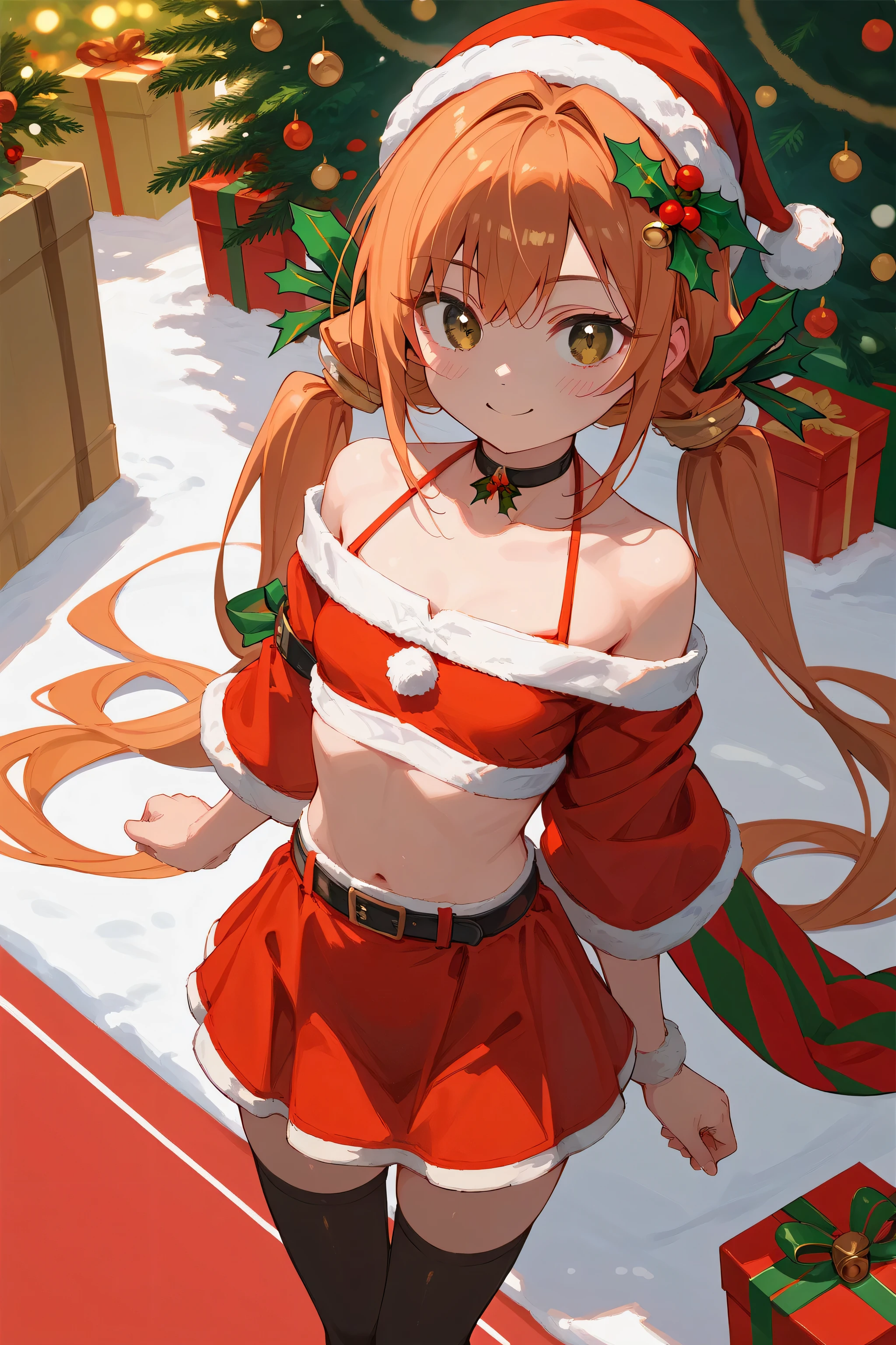 1girl, solo, karane_inda, small breasts, long hair, outdoors background, christmas background, brown eyes, orange hair, very long hair, low twintails, green ribbon, hair ribbon, black choker, (((sexy Red bikini, mini skirt, shawl, off shoulder, Santa costume:1.2))), black-thighhighs, (masterpiece、Highest quality、Very detailed)), One girl, small Breasts, looking viewer, wry smile, from above
