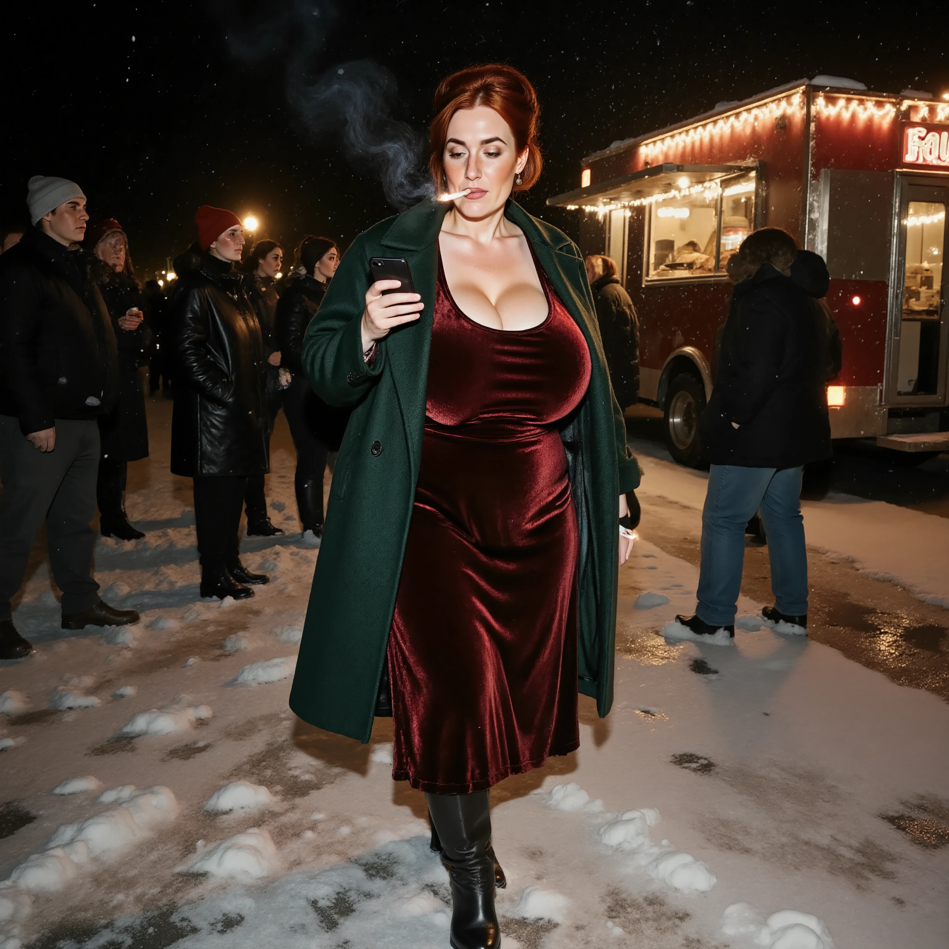 margaret standing in line for a food truck in the middle of the night, christmas party aftermath. snow on the ground and slush. she is holding a lit cigarette and checking her phone. wearing a dark green wool coat over her dark red velvet scoop neck dress. very large breasts, voluptuous. auburn hair in relaxed updo. people in the line in front of her and behind her. sideview picture.