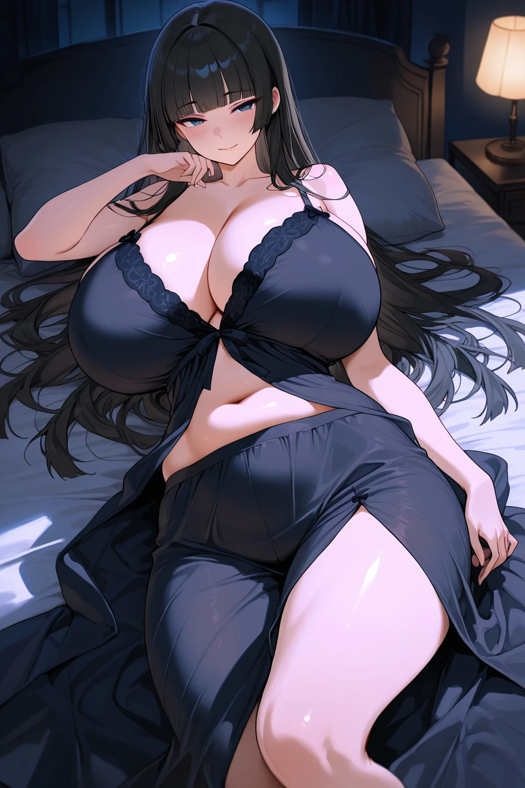 Best quality, tmasterpiece,2girls ,1boy,huge breasts，blush, black long hair, blue dress with white lace, bitch_virgin,in the bed