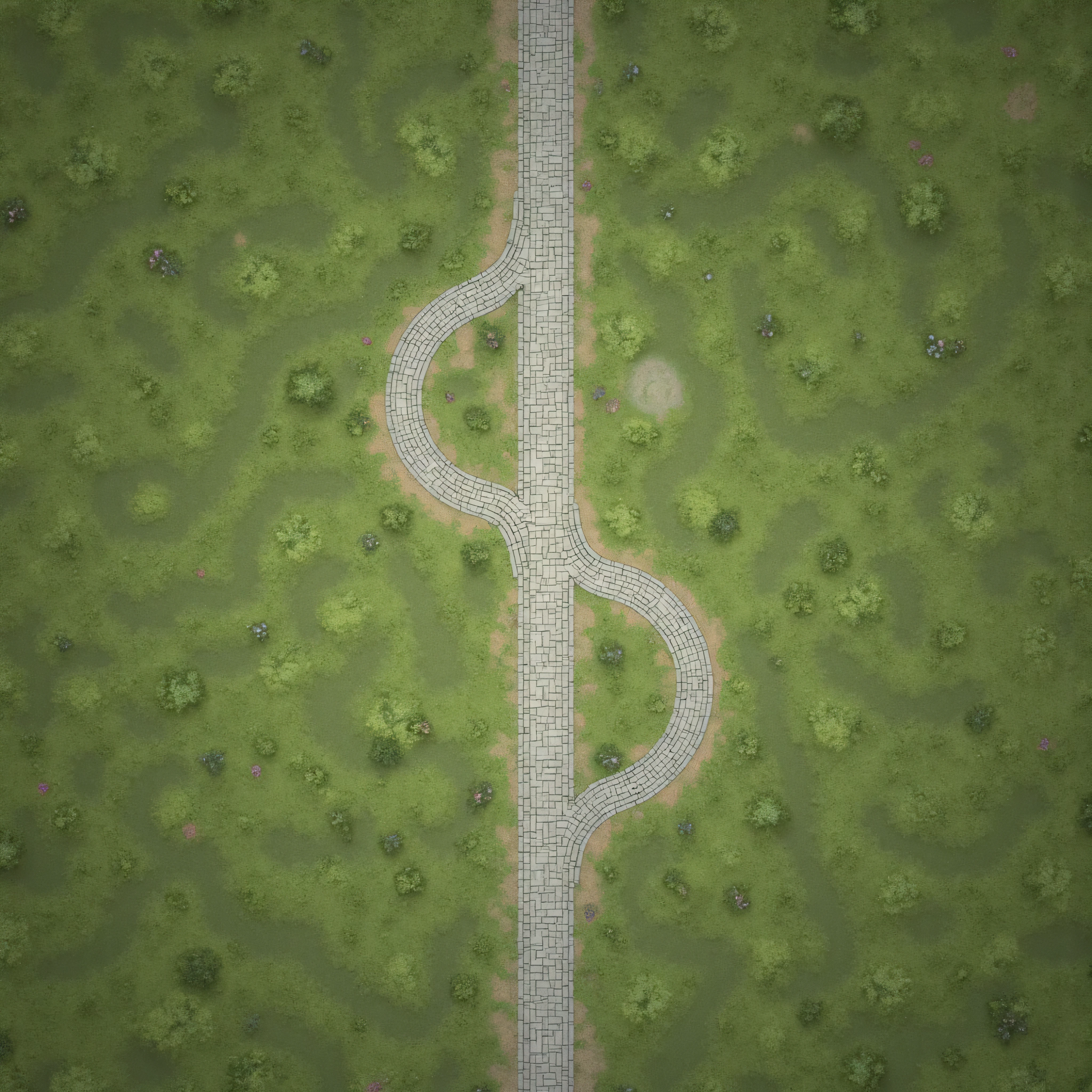 planar two-dimensional image of the map top view in the form of a board game mat elven lawn with white marble brick paths