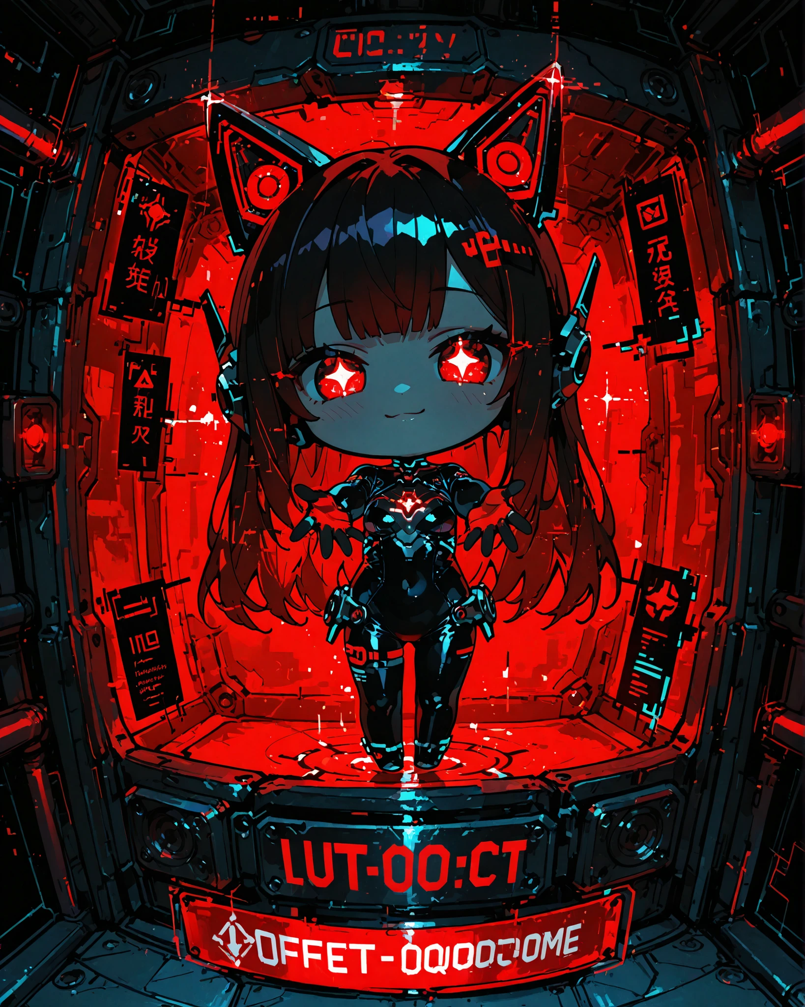masterpiece, best quality, ultra-detailed, perfect anatomy,
748cmstyle,
full body, looking at viewer, anime style, female digital avatar in a dark digital cyberspace, semi-long hair, mechanical ears, subtle electronic ornaments, slightly semi-transparent avatar body with soft glow, wearing a sleek cyber bodysuit, illuminated by strong red emergency alert lights, smile, reaching forward with her hands, fingertip touching a floating hologram chat window, multiple glowing chat bubbles and message lines visible inside the window, some messages scrolling upward, typing indicator dots (...) glowing, additional alert holograms flashing behind her, red and black color palette, bright hologram reflections on her face and hand, floating particles, glitch highlights, cinematic cyber lighting, (chibi:1.5),