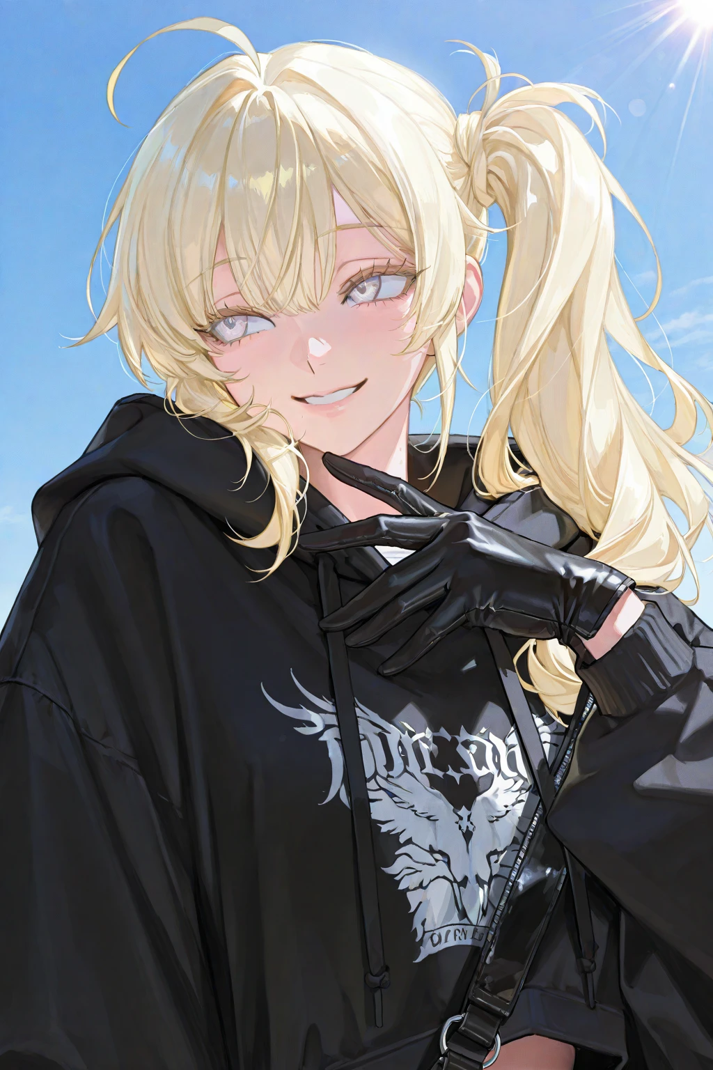 (absurdres, 8k, 4k, masterpiece, hyper extreme detailed:1.2), solo, 1girl, front view, perfect face, 1girl, portrait, looking at viewer, solo, standing, Female, toned body, mature female, , pale, blonde hair, medium hair, sarcastic, delinquent, purple eyes, swept bangs, scars, casual wear, street wear, gross, messy, dirty, bloody, snarky, smirk, medium body, gyaru, crazy face, crazy smile, crazy eyes, hands on , shorts, wind, windy hair, moving hair, black ribbon, hair buns, adventurous, scarf, gloves, draping hair, eye patch, shirt,