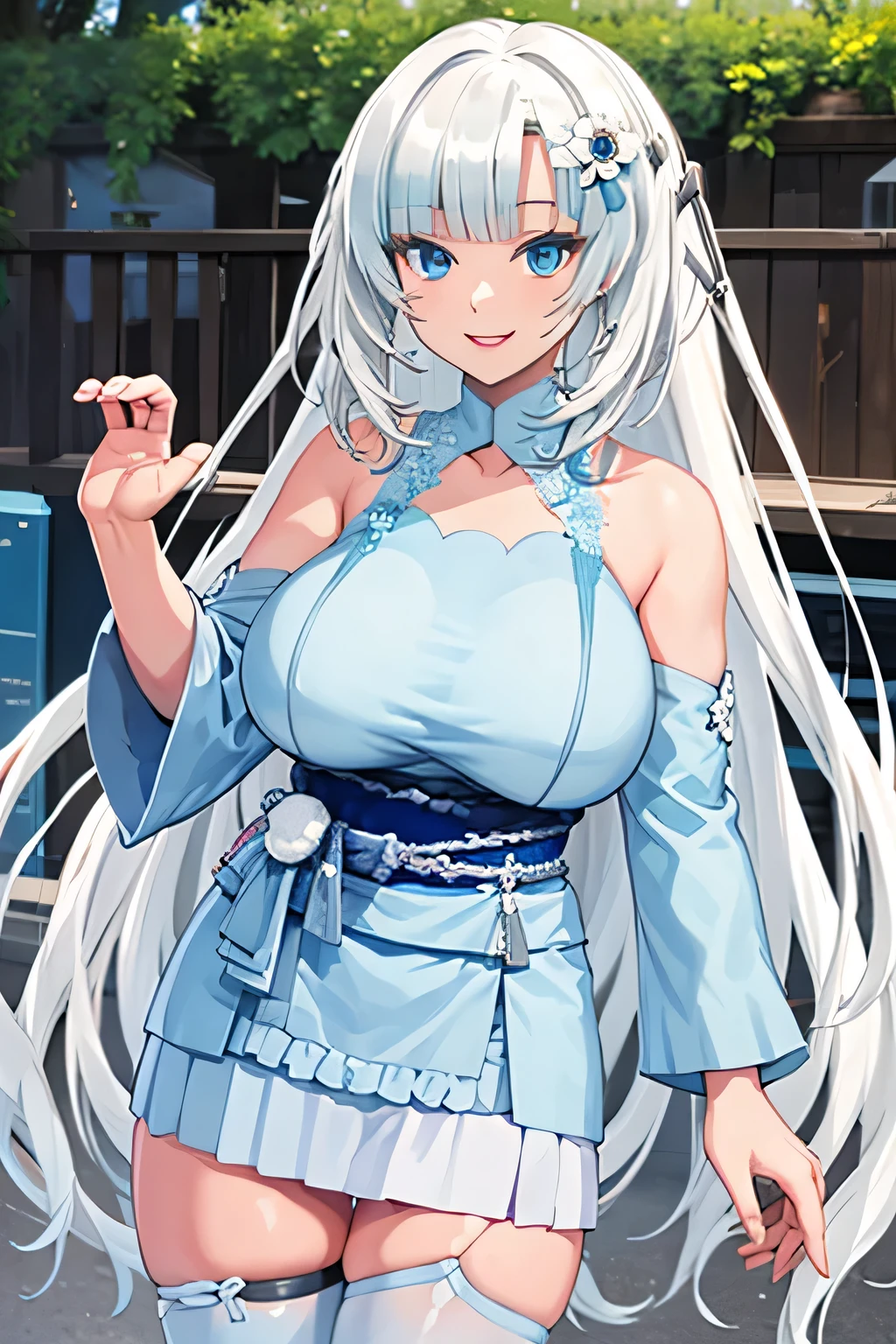 hiteCUL,sky hair,blue eyes,hair ornament,white dress,miniskirt,sleeveless,detached sleeves,obi,thigh strap,blue thighhighs,geta,,masterpiece, best quality, high resolution, 32k ,1 girl ,(((MILF))),(mature female),(grace body),(toll stature),(huge breasts),(standing),(smile),outdoor,girl focus,cowboy shot,