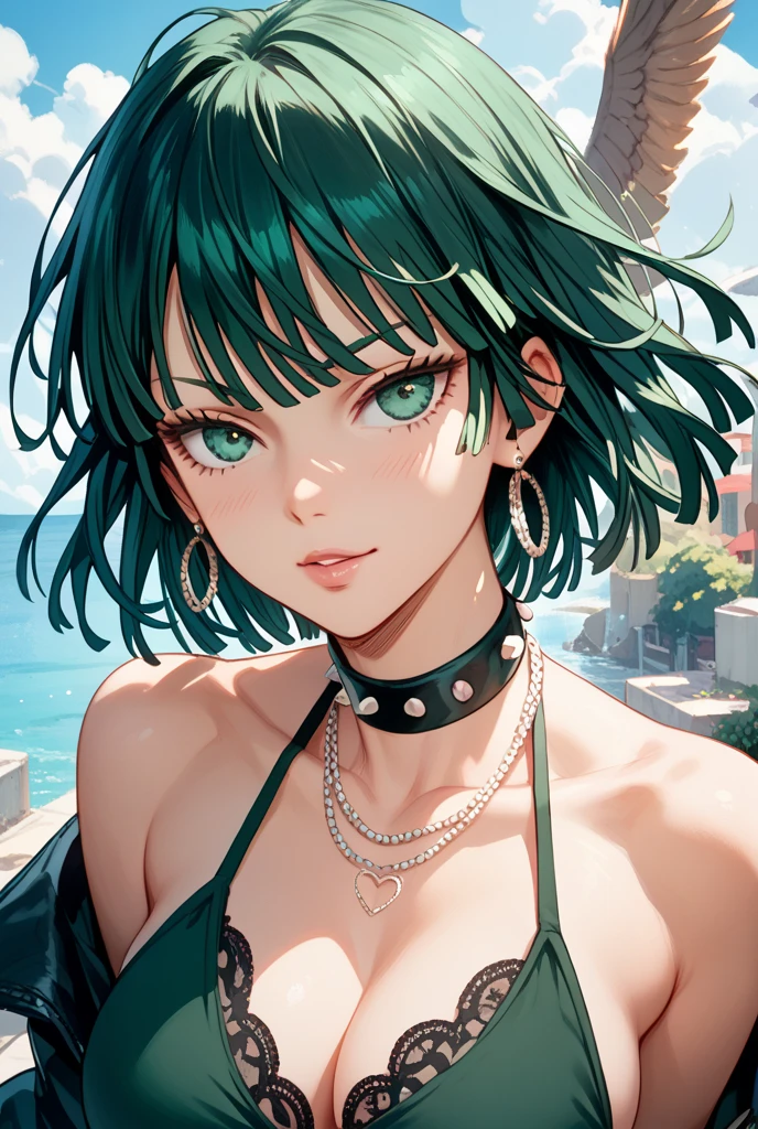 (obra-prima: 1.2, melhor qualidade: 1.2, bonito, alta qualidade, highres: 1.1, esthetic), detalhado, extremamente detalhado, soft ambient lighting, 4K, olhos perfeitos, rosto perfeito, perfect  lighting, 1girl, franja, vestido preto, cabelo verde, seios, umbigo coberto, vestido, tatsumaki \ (one-punch man\),  , olhos verdes, , seios grandes,, olhando para o espectador, cabelo curto, Destroyed city background, solo, coxas, gola alta, vestido de gola alta