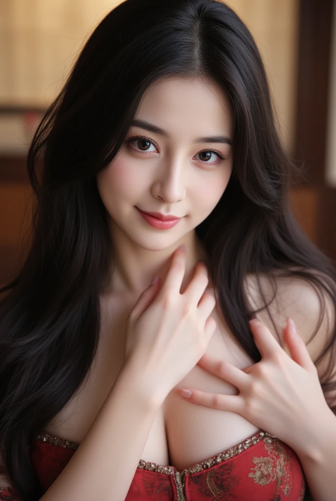 (masterpiece:1.2, highest quality), blur the background,Photographed with a camera with a wide-angle single focus lens,1 High school girl, (), , black hair,long hair,sexy pose,bright eyes,blushing face,Highly detailed face and skin texture, healthy skin,big smile, (tropical terrace),4K resolution