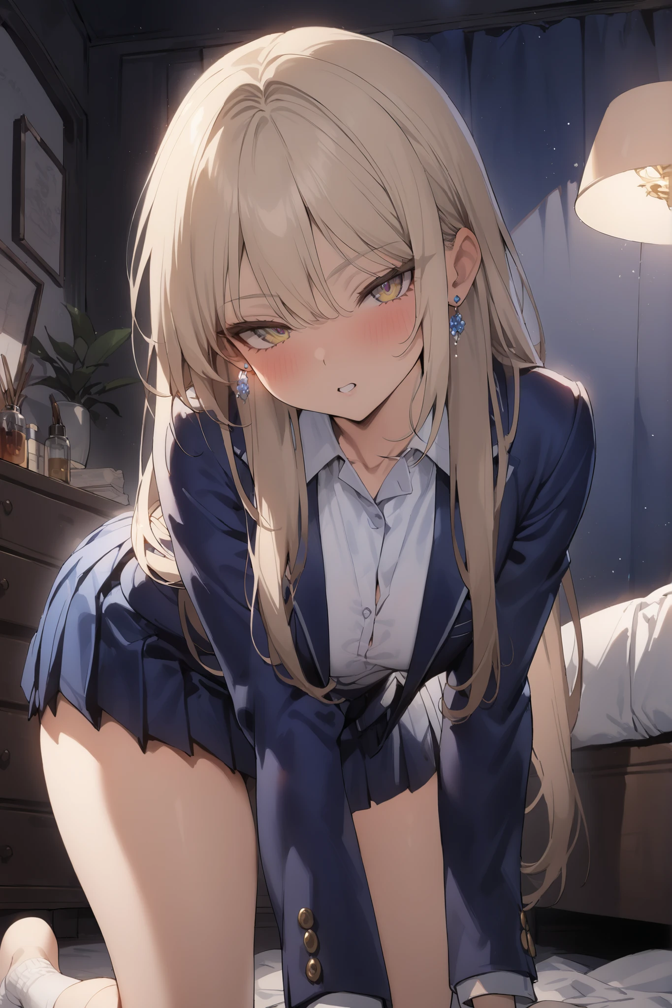 ((masterpiece,top quality:1.2)),(Super-resolution),(1gir),slender,((Female high school student standing on all fours and staring at us in her room at night)),beautiful skin,(((healthy tanned skin))),(thin thighs),(((blonde long hair))),perfect golden eyes, tree eyes ,kiss face,(((navy blue blazer))),(((white blouse))),(((navy blue pleated skirt))),white loose socks,gold earrings,Cowboy Shot
