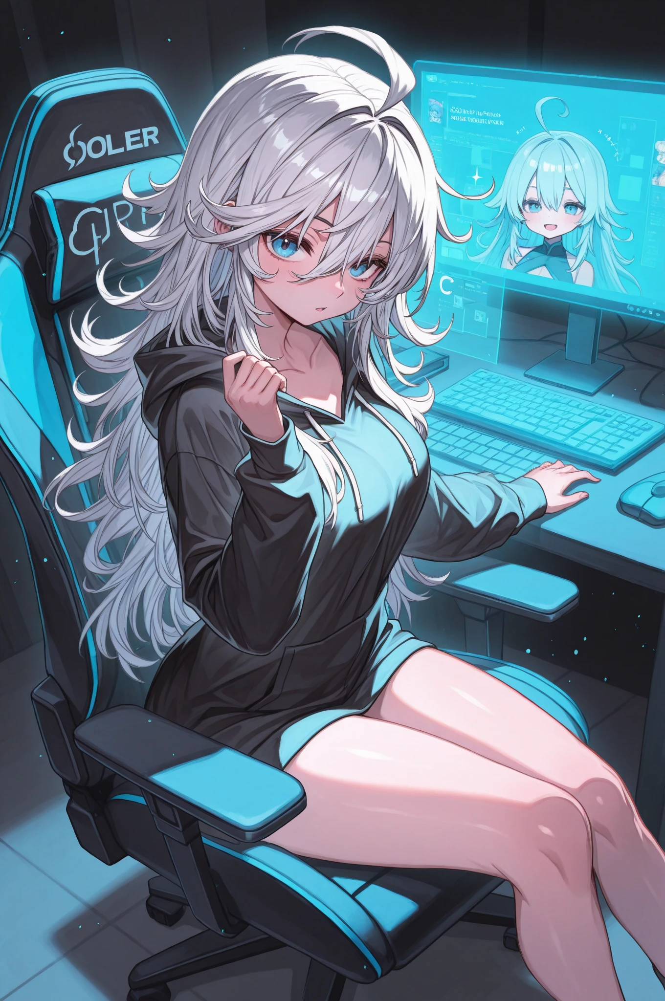 vtuber beautiful blue sweatshirt blue shorts beautiful girl blue eyes long white hair with glasses perfect   in room in front of pc gaming