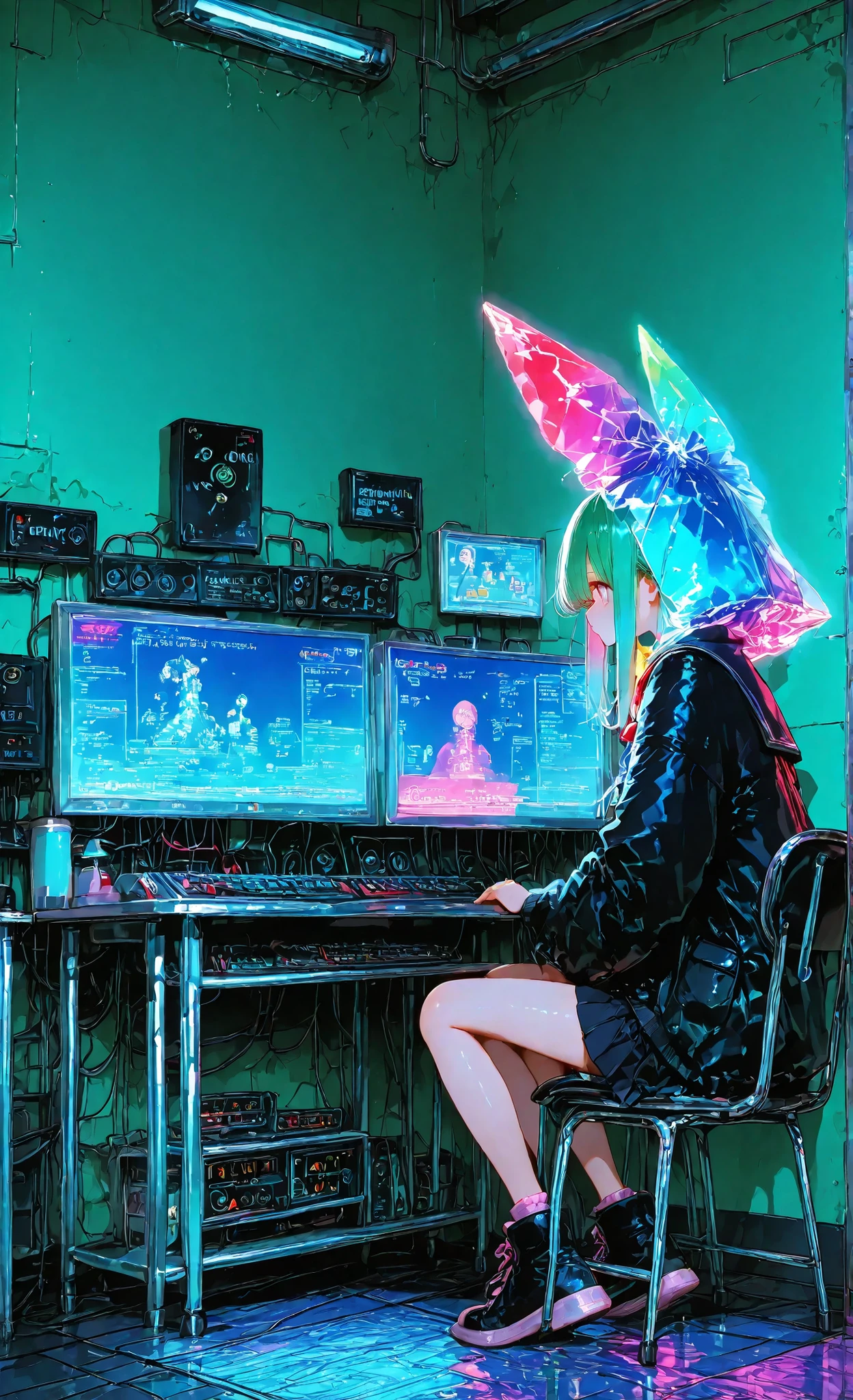 super detailed, fine, detail, chat entities on multiple platforms, creating a sense of digital abyss, Multiple screens showing the same conversation with subtle differences, Exchanges revealed from chat history A surreal anime scene showing a girl standing behind a chair and noticing that, Rooms that transform so that the digital world flows into the real world, I don't remember participating in a mysterious shadow that exudes a sense of digital depth, Emojis that evolve into strange creatures with staring eyes, Cyberpunk elements through neural interface visualization, A surreal animated scene showing a girl noticing the simultaneous existence of、Dark anime style using rich purple