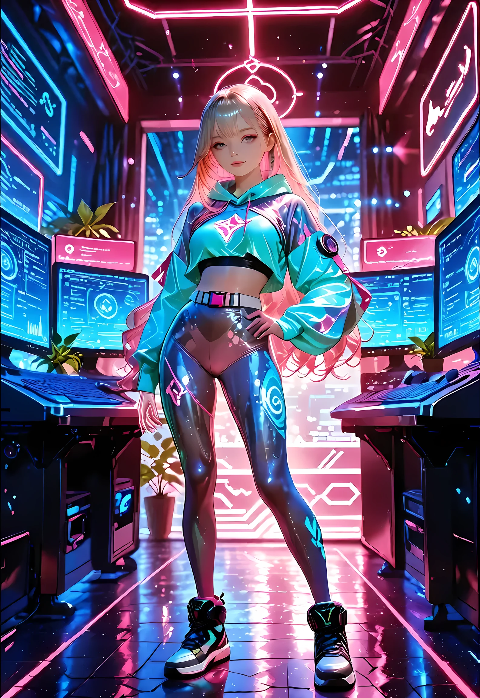 (masterpiece, 32k, 8k, white laboratory corridor setting, character walking towards the viewer) woman, 26 years old, naturally beautiful face, serious and empty expression, long blonde hair with pink highlights, tight black clothes in cyberpunk style, colored eyes different, one blue eye and the other gray eye
