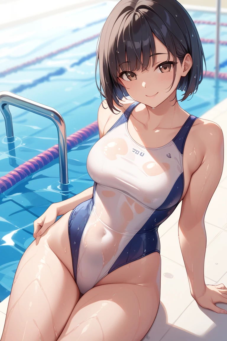 Best Quality, Detailed, 8K, 4K, Detailed beautiful girl, top-quality, hight resolution, hi-school girl、Smooth skin,  out, , school swimming pool、Wearing a school swimsuit、out、