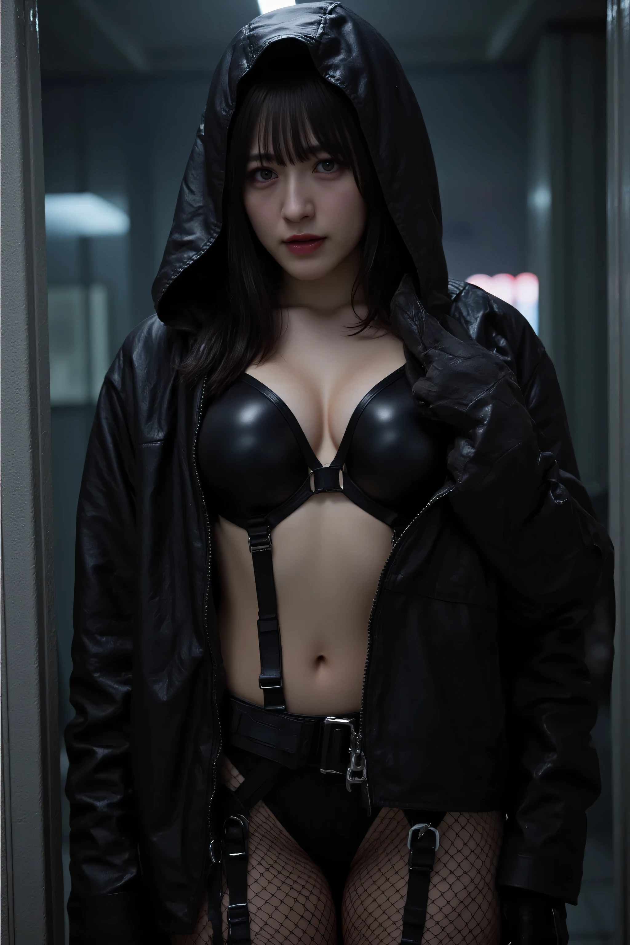 (((The pitch-dark interior of the Nostromo ship:2.0))),(((HR Gigger style cyberpunk atmosphere:2.0))),one woman,(pretty face:1.5),(Beautiful well-balanced face :1.7),((wavy black hair:2.0)),(beautiful eyes:1.3),glamorous shot of a 20-year-old Japanese woman,Beautiful Slender Body,((Model figure:2.0)),((slim body:1.7)),perfect body line,Ideal Proportions,((big breasts:2.0)),((F cup chest:1.5)),big boobs,Bare thighs,sensual thighs,delicate body,(muscular:1.7),harmonious posture,((Realistic breast depiction :1.7)),((carefully depicts limbs based on perfect anatomy:2.0)),((Black special forces micro bikini style harness:2.0)),(((Black bikini style harness with lower breasts sticking out:2.0))),((((dirty black leather jacket with open front:2.0))),((tactical holster:2.0)),(((Fishnet tights with garter belt:2.0))),(Gloves:1.3),Concept Art,(top quality:1.5),(masterpiece:1.5),(超高Resolution),Resolution,UHD,(Fine Drawing),carefully drawn,32k,((Realistic Skin Textures:1.5)),(((super realistic:1.5))),carefully drawn eyelashes,very detailed face,highly detailed female hands,sexy appearance,very sensual,(Blurry, dim background:1.5),professional photography shot with an outside background,(Movie Lights:2.0),((Blade Runner Style Lighting:2.0))