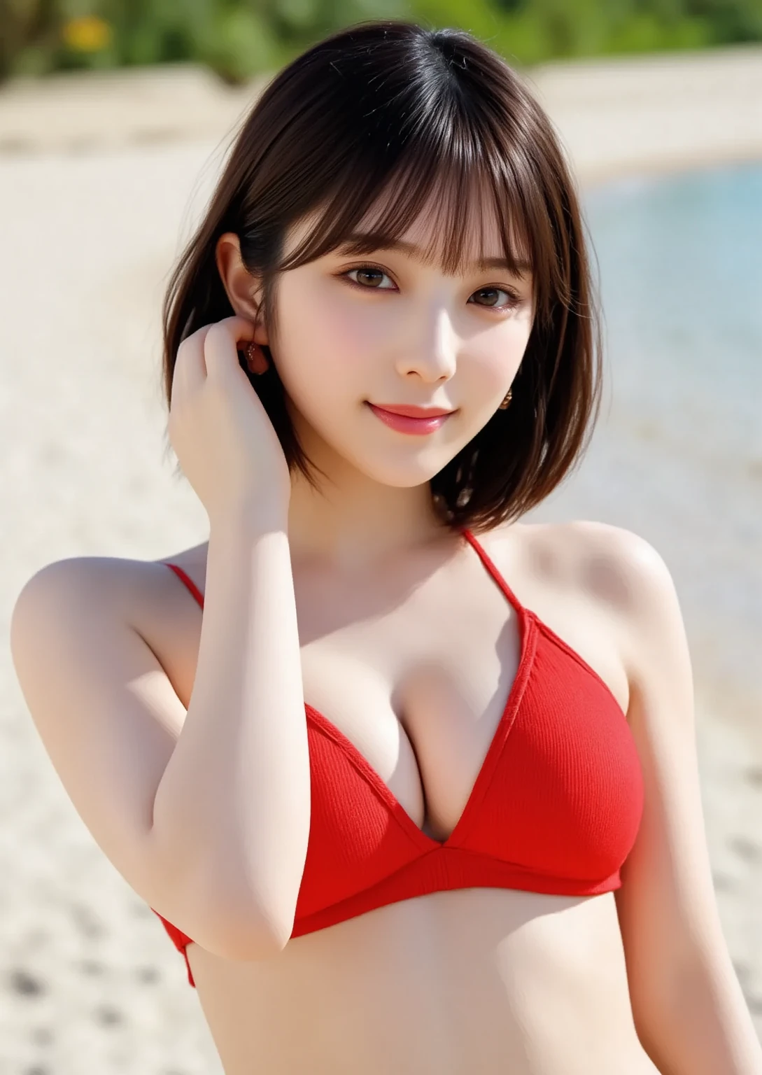 One Girl、Tight waist、Sexy Hips、Full body portrait、Fubuki lying on the beach、Looking at the viewer with a red face。White Strapless 、Wearing a 、She is smiling cheerfully。She seemed to be motioning with her eyes for me to sit next to her.。、masterpiece、No blur、Ultra HD、Smooth、perfection