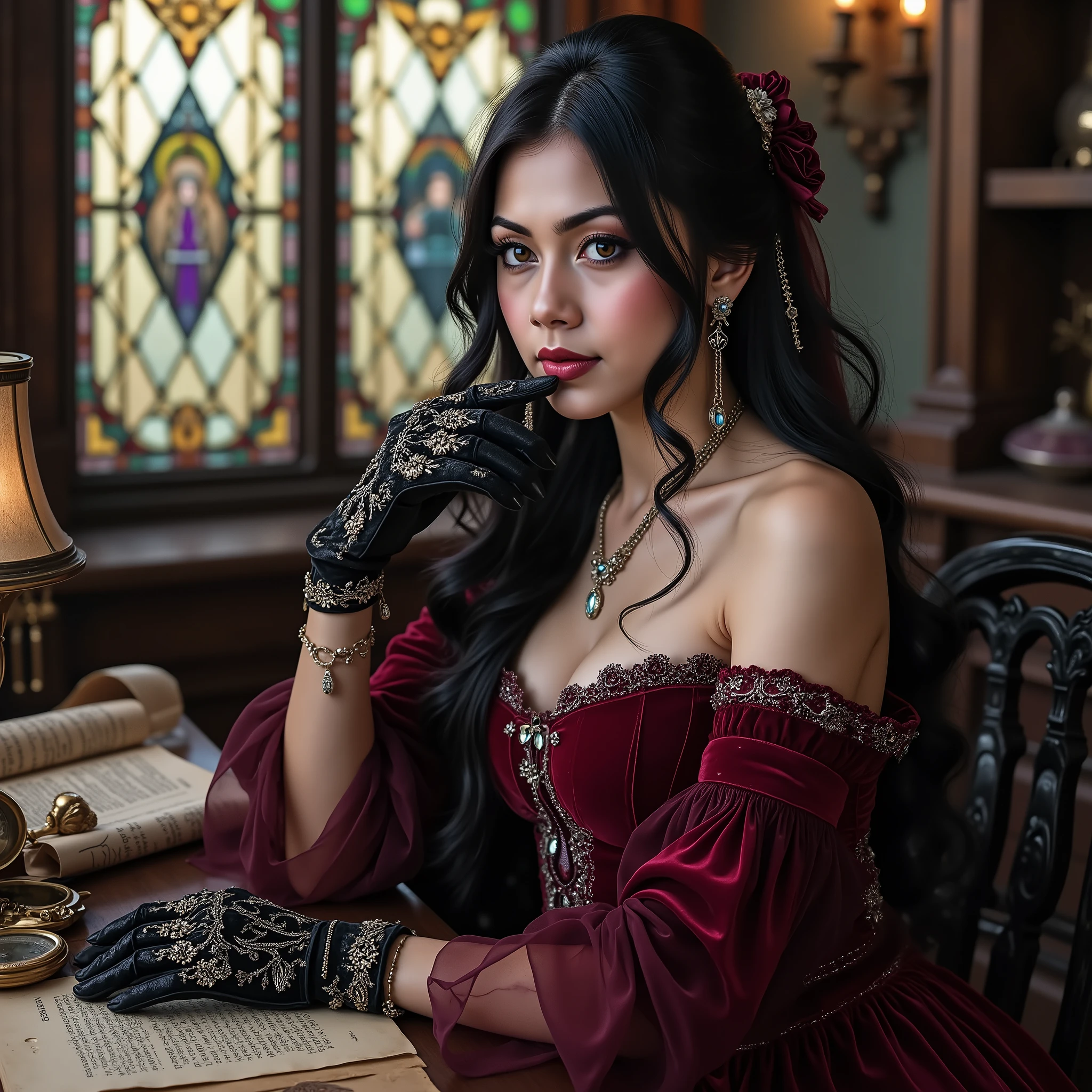 Ultra-realistic anime gothic sorceress, beautiful girl with heterochromia eyes (one glowing golden, one glowing purple), long wavy black hair with purple highlights, soft porcelain skin, light blush makeup, wearing dark red velvet off-shoulder medieval dress and black velvet gloves with silver embroidery, gently touching her lips, romantic mysterious gaze, sitting at an old wooden desk with ancient parchment, pocket watch, compass, stained glass window in background, cinematic lighting, fantasy gothic atmosphere, highly detailed, magical realism style.