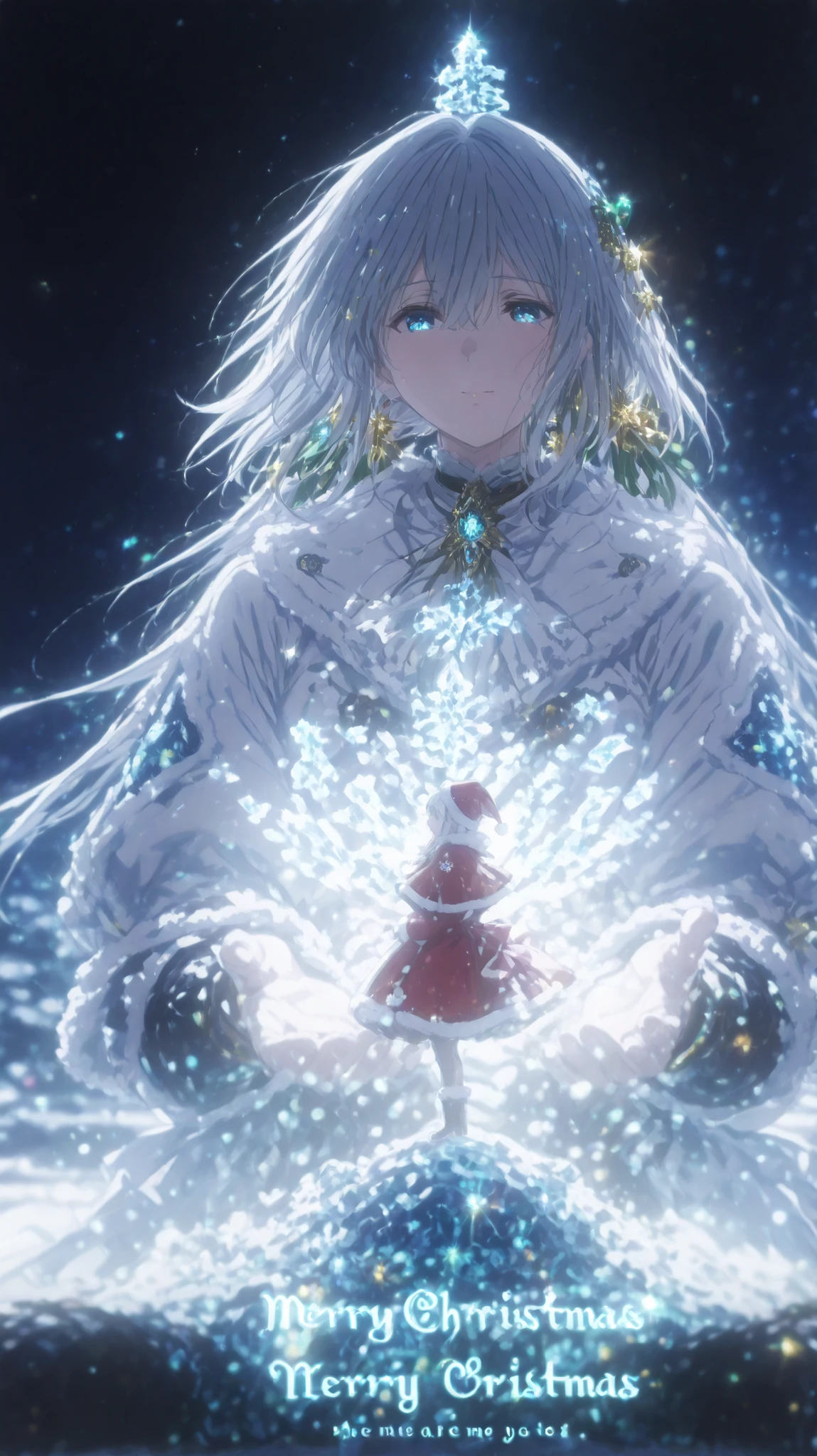 beautiful anime style, gentle santa claus princess, soft glowing sapphire blue eyes, long flowing silver hair, large fluffy santa hat with white trim and golden bells, star and snow crystal hair ornaments, crimson and white santa dress, standing on top of solomon castle overlooking snowy christmas night town, soft warm lighting, gentle smile, 5-second animated text "MERRY CHRISTMAS" glowing, cinematic atmosphere, highly detailed, masterpiece, best quality, absurdres
