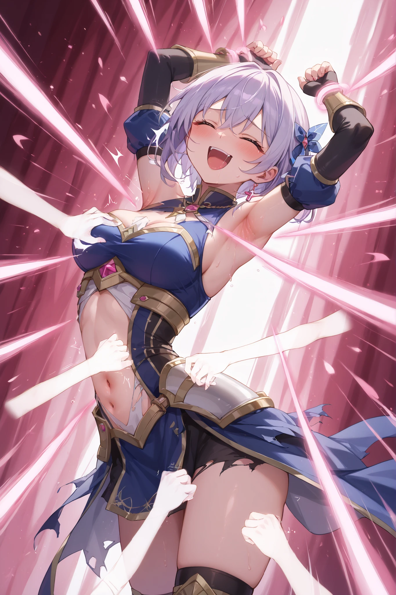 low angle、 in detail、top quality、Dynamically、Girl with short silver hair、girl's hand crucified on the ground、Five fingers、The girl is 25 years old 、dark eyes、Female Knight、Blue Armor、sleeveless、Belly button、broken armor,the clothes are torn、Her right nipple is visible 、Clothes have become slime、gold trim、the girl is laughing、She laughs with her mouth wide open、closed eyes,the girl is climax、Ahe face、arched back,standing,defeat、armpits visible、Wearing pink energy、Magic is exploding in girls、A thick beam hits the girl directly from the front、The beam penetrates the girl、the girl's magical pink beam has shot her whole body、the pink beam hits the girl's stomach、the beam hits the side、The beam hits the chest、Magical Restraint、pink openai beam、ACMEBEAM、tickling beam、ticklish、tickling armpits,ticklish beam,beam tickling、tiwst torso