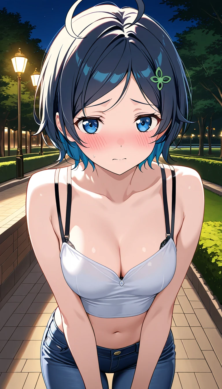 (Highest quality:1.4、8K:1.4、detailed)、F cup bust、Big Breasts、Slim body、Very white beautiful skin、((((1 person、Surprised expression、sit、Chair、In the background are the urban buildings of Tokyo、looking at the camera、Outdoor café terrace、coastal、Navy hair color、juice、Shooting up close、table、Very cute face))))、(Large  and  protruding from the fabric:1.3)、(White Bikini:1.2)、Very blue sky、A completely cloudless sky