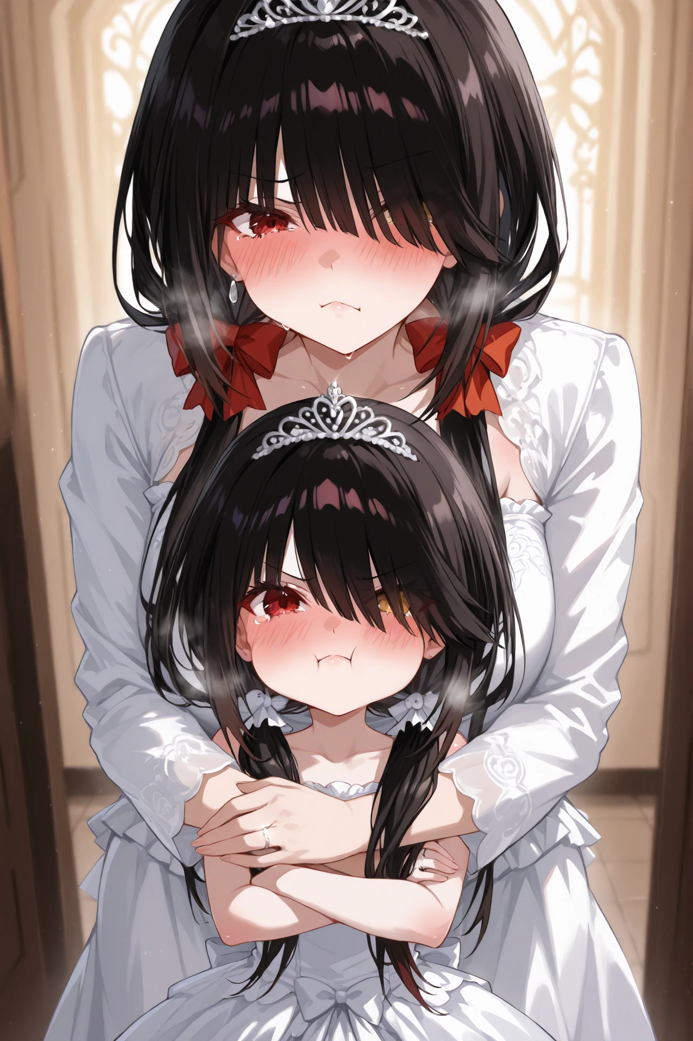 Tokisaki Kurumi, black hair, low twintails, hair over one eyes, red eyes,wedding long dress, HLWD,mall tiara,blush,wedding ring, steam visible,mother_and_daughter, 2girls, aged_down,blush,Pouting with puffed cheeks, arms crossed, angry, cry