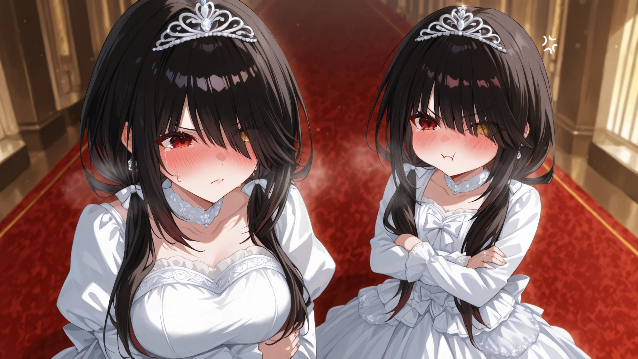 Tokisaki Kurumi, black hair, low twintails, hair over one eyes, red eyes,wedding long dress, HLWD,mall tiara,blush,wedding ring, steam visible,mother_and_daughter, 2girls, aged_down,blush,Pouting with puffed cheeks, arms crossed, angry, cry