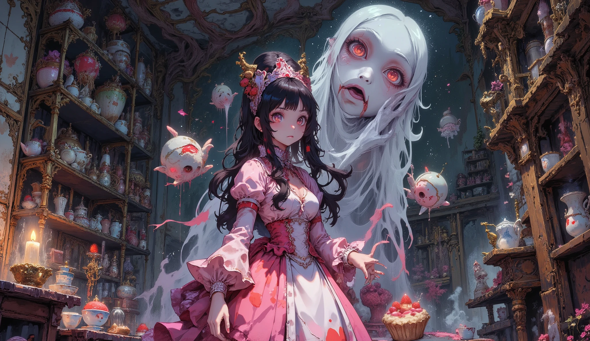 nsfw,nipple,anime-style, haunted gothic scene, a solemn girl with pale skin and long black hair wearing a frilled strawberry cake-themed dress, haunted by the ghost of a cursed cake, faint pink ectoplasmic frosting swirling around her body, eyes glowing faint red, melted strawberry glaze dripping from her fingers, a translucent ghostly cake face whispering behind her, cracked porcelain teacups floating midair, antique patisserie setting with faded wallpaper and crooked shelves, dim lighting with candlelight and soft pink mist, detailed, dramatic composition, high resolution, fantasy horror aesthetic, illustration