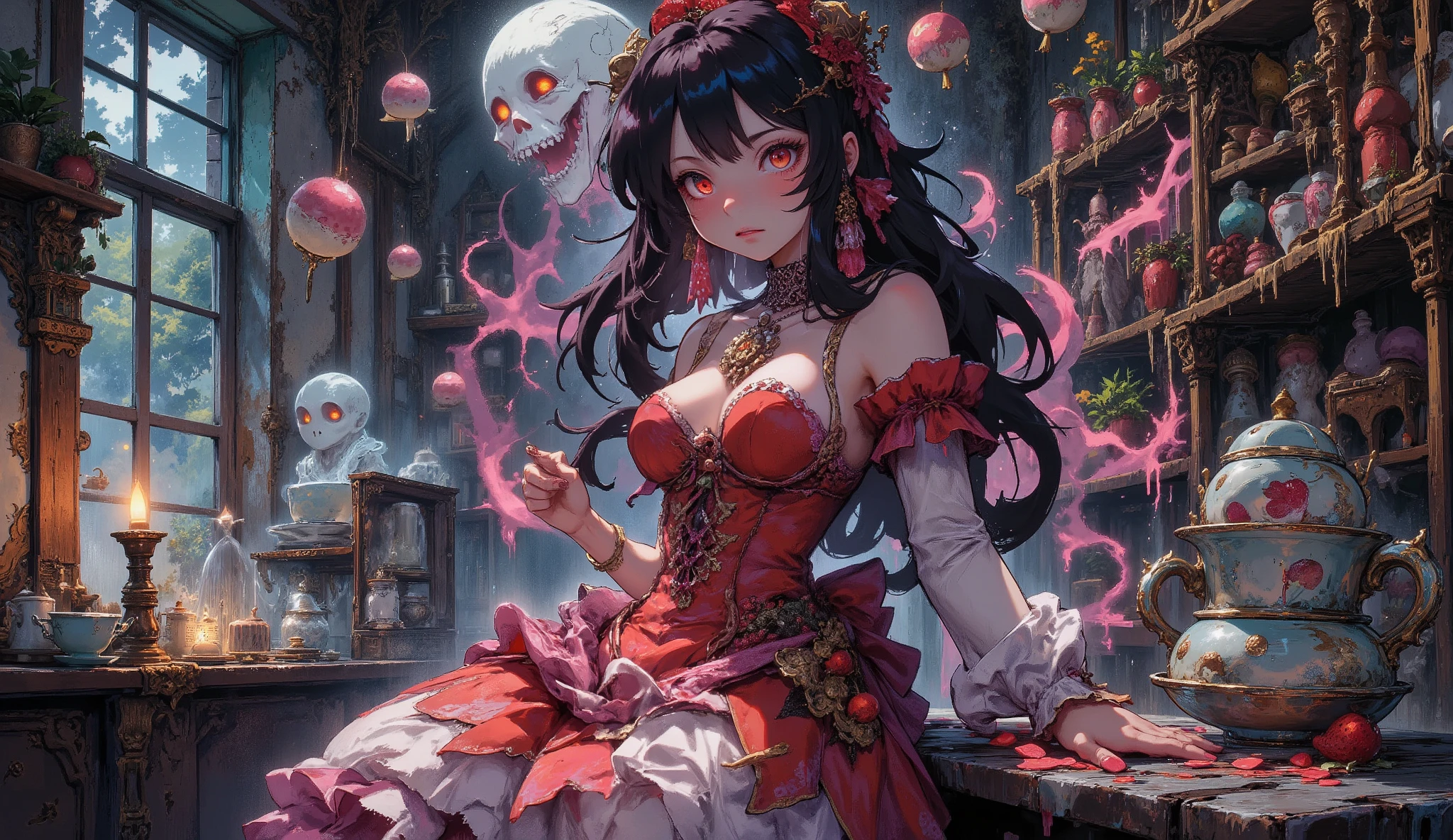 nsfw,nipple,anime-style, haunted gothic scene, a solemn girl with pale skin and long black hair wearing a frilled strawberry cake-themed dress, haunted by the ghost of a cursed cake, faint pink ectoplasmic frosting swirling around her body, eyes glowing faint red, melted strawberry glaze dripping from her fingers, a translucent ghostly cake face whispering behind her, cracked porcelain teacups floating midair, antique patisserie setting with faded wallpaper and crooked shelves, dim lighting with candlelight and soft pink mist, detailed, dramatic composition, high resolution, fantasy horror aesthetic, illustration