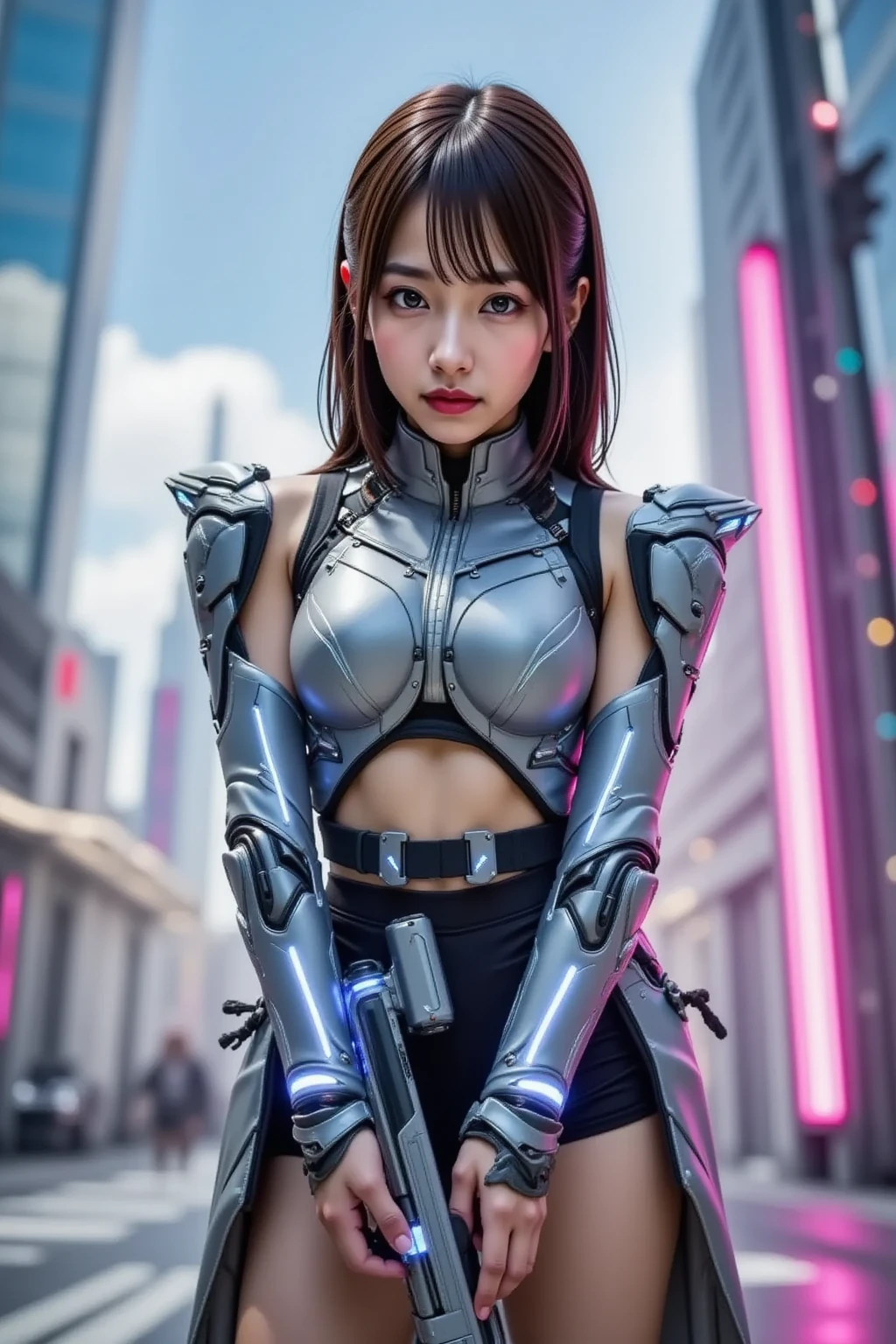 high quality, masterpiece, Two close friends, Beautiful teenage girl, skinny, small skinny girls, Cute girl face, cyber punk, Wearing futuristic robotic tactical armor cyber punk suit with cutouts showing abs, An athletic body, Innocent, Playful, Famous Japanese actresses, Very beautiful face、ランダムポーズ、ランダムヘアー、ランダムヘアカラー