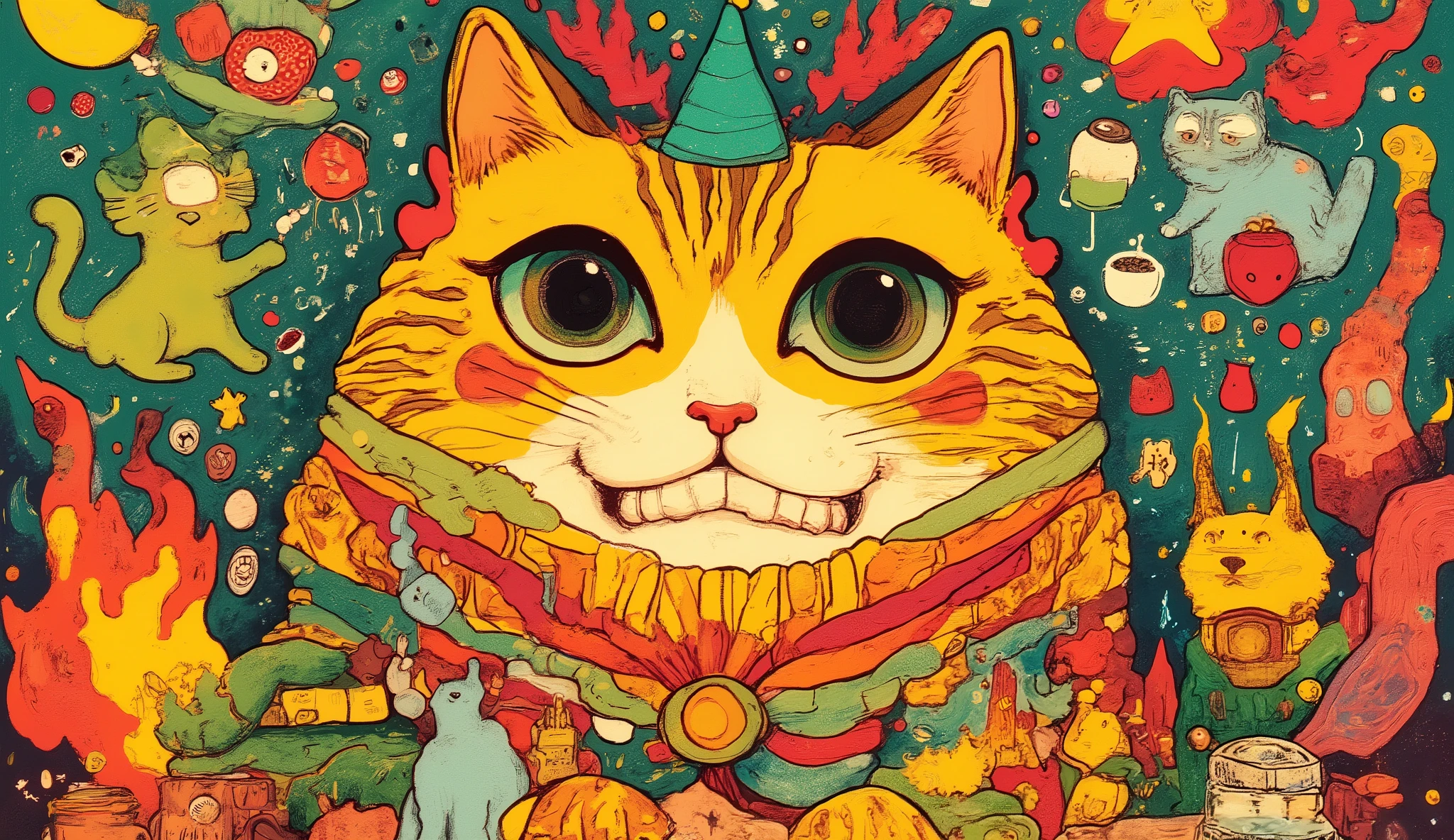 happyhardcorecat,DJcat,This image features a colorful and abstract composition、The figure of an anthropomorphic cat from a vibrant cartoon is depicted in various shapes,red, green, green, Yellow,中央の焚火の側のネコは小さなYellowい王冠をかぶった白いデブ猫,Surrounding this fat cat is a combination of whimsical objects and other cat characters,Creature with striped body,cat character wearing a pointed hat,layered abstract shaped background,The person on the side of the bonfire in the center,playful surreal atmosphere,Yellowを含む明るい色,intricate and imaginative details in a lively scene,Lots of cat animal character details