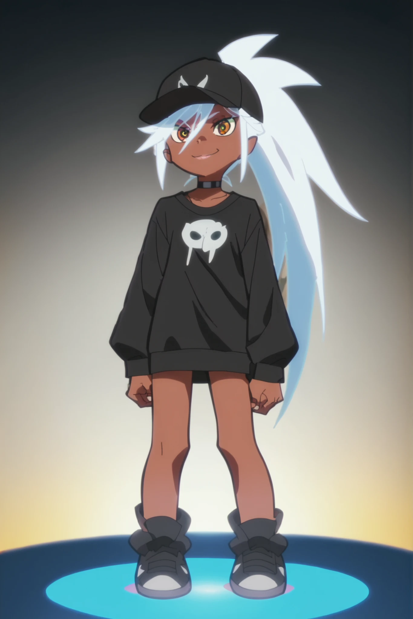 p&s style, screencap, anime, score_10, flat colors, woman, brown skin, brown eyes, white hair, smiling expression, long straight hair, black tshirt, black baseball cap, black choker, black sneakers, front view
