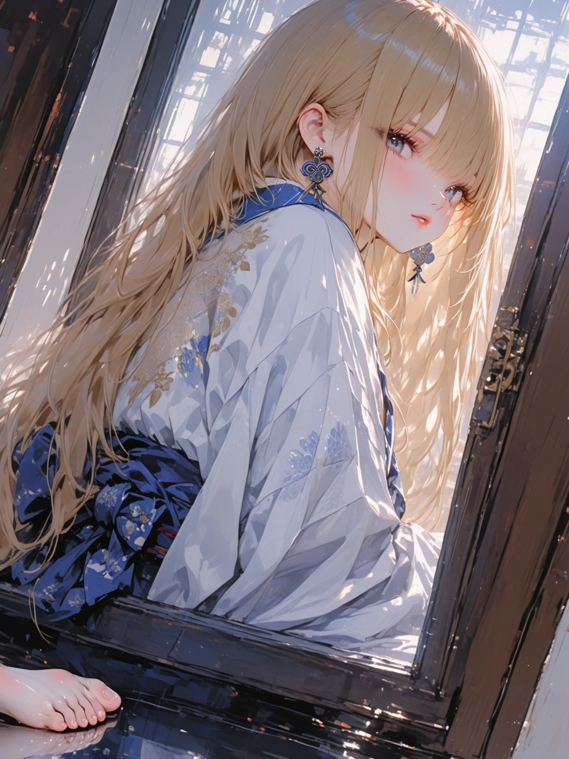 “Create an image of a stunning beauty who is half French and half Japanese. She has an exceptionally beautiful face, with striking blue eyes and long, straight blonde hair. She wears a cute dress and has a furrowed brow expression, as if expressing anger and dissatisfaction. Her arms are crossed, and she appears upset. The second person is a man with black hair and long bangs. He wears a T-shirt and denim. His expression looks sad. The composition should depict both of them in an upper body close-up, engaged in an argument. The beauty should be on the right, and the man on the left, facing each other and arguing. Their eyes meet, and they exchange heated words. The background is a room.