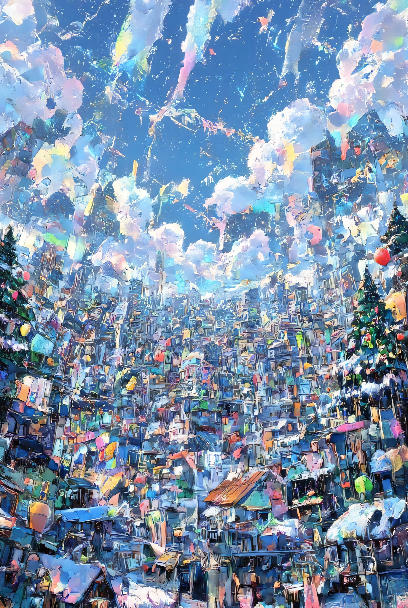 ,complex art, ultra detailed,mecha art,breakcore,anime ,Illustration style, Bird angle view,angle seen from above、 AMAZING、 Christmas theme、Lots of beautiful snowflakes fall on a beautiful, vibrant city、Breaking through the clouds . Fir trees decorated with Christmas ornaments、into a beautiful and vibrant city. in the sky、Impossible and strange bright colors spread beautifully. people々 is looking up at it from below .