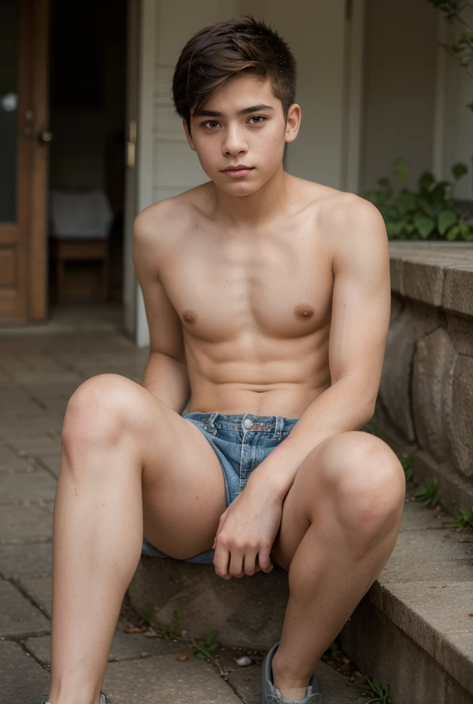 an 18 year old male.  Spiky dark brown hair, blue eyes with star-shaped pupils, only wearing blue , with two yellow lines, one on each side, running from shoulder to waist.  sitting on the grass.  With pink and blue crystals in the landscape.  cyan color grass