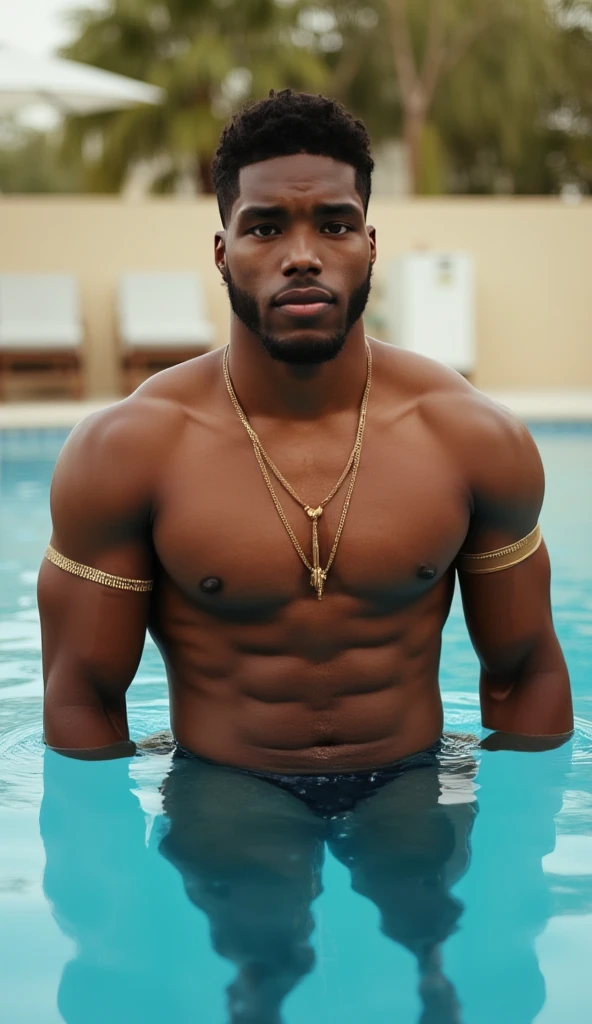 A black guy with a well-groomed beard and a lean, muscular physique, wrapped in a towel, is depicted in a sauna. The image quality is of the highest standard with 4K resolution and ultra-detailed rendering. The scene is highly realistic, with studio lighting that accentuates the physique and creates a sense of depth. The colors are vibrant and vivid, enhancing the overall appeal. The focus is sharp, capturing all the intricate details, from the texture of the towel to the beads of sweat on the guy's skin. The sauna is dimly lit, creating a warm and soothing ambiance. The guy's facial expression exudes relaxation and contentment.