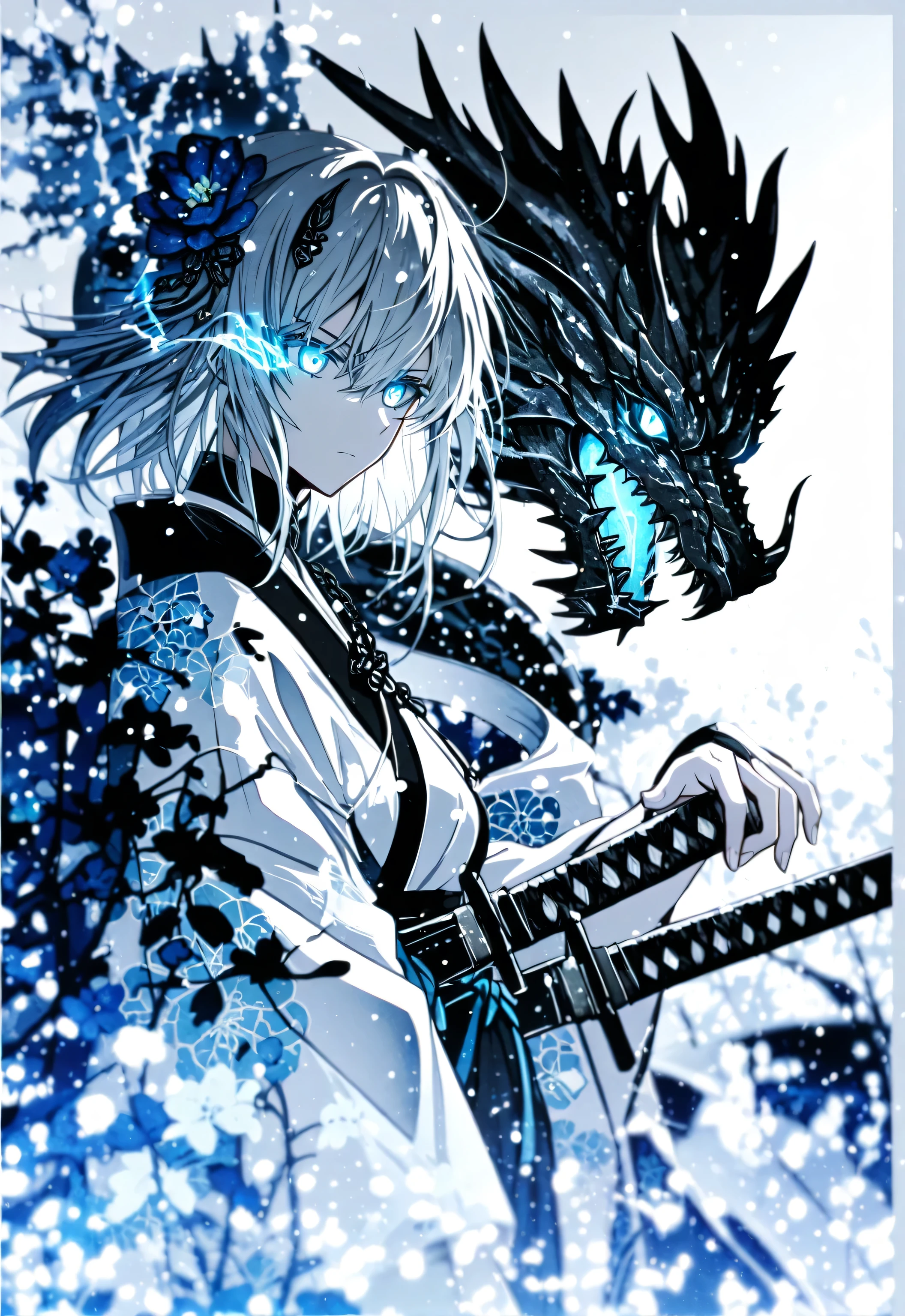 one with striking gray hair and glare The blue-eyed young woman, Shining with inner light, standing prominently in the foreground. in a traditional Japanese white costume,with intricate black and blue flower patterns on it, with two samurai swords on her hips. Behind her, A terrible black dragon,with glowing blue eyes and sharp, Dark scales appear, The shape of a shining particle of snow Partially covers. Background is soft, ethereal white, emphasizing the cool colors of the room, in a cold blue and black palette. The overall mood is a mysterious power and serene intensity, An element of fantasy and traditional Japanese aesthetics. On the top you can see the letters of Japanese characters, As a background, .