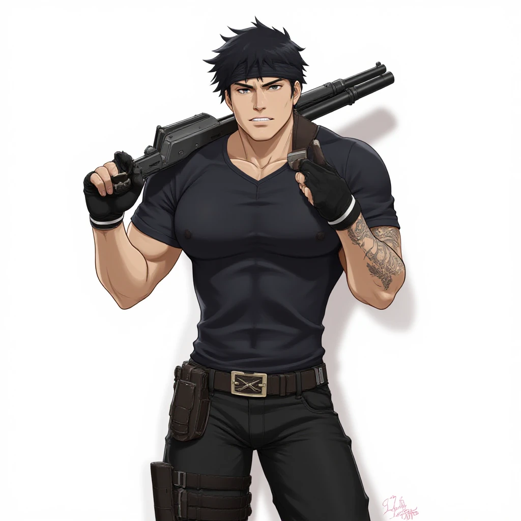 Jungle warrior，Handsome anime boy， Purple Eyes，Black short hair,Wolf ears，officer，Briefs，Special Forces，Hold a gun in both hands