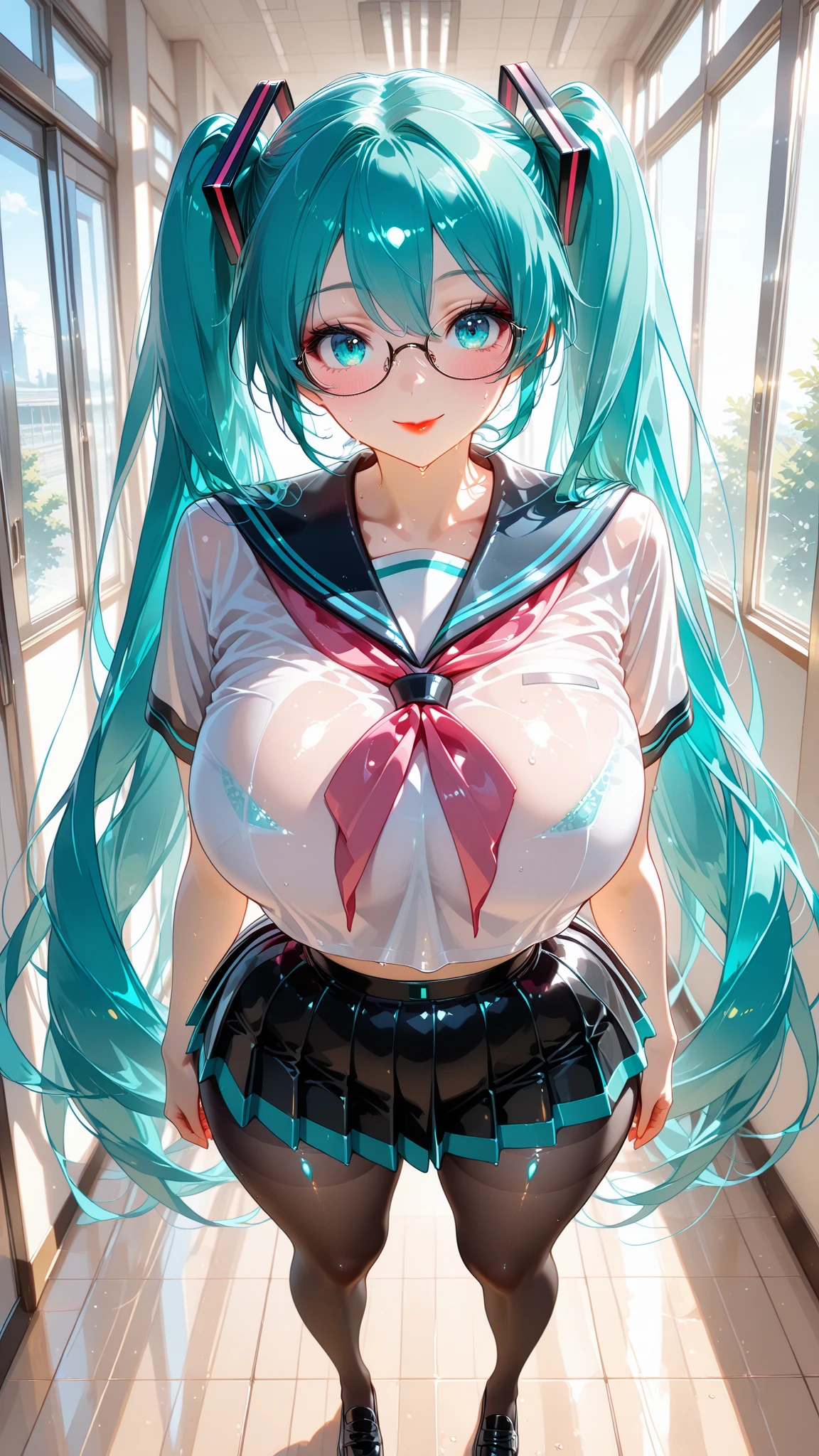 Hatsune Miku, ????, ????????, ??????, ????????????????, lifting skirt, no panties, dripping ?????, , city background, from below, Youtube MMD,