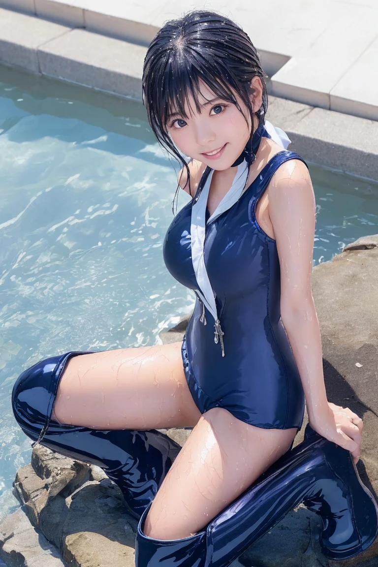  (((by the pool side)))、20-year-old gravure model、perfect body、1 girl, hands on hip, alone、Taken from diagonally above、 Ultra High Leg 、masterpiece、highest quality、realistic、hyper detail、(shiny skin)、absurd、look at the camera、black eye:1.8、thin、dynamic lighting、High resolution、sharp focus、written boundary depth、fine eyes、beautiful big eyes、black eyes、(big breasts :1.4, saggy breasts:1.5)、(thin thighs:1.2)、、troubled eyebrows、(blush)、twintails hair, Smile