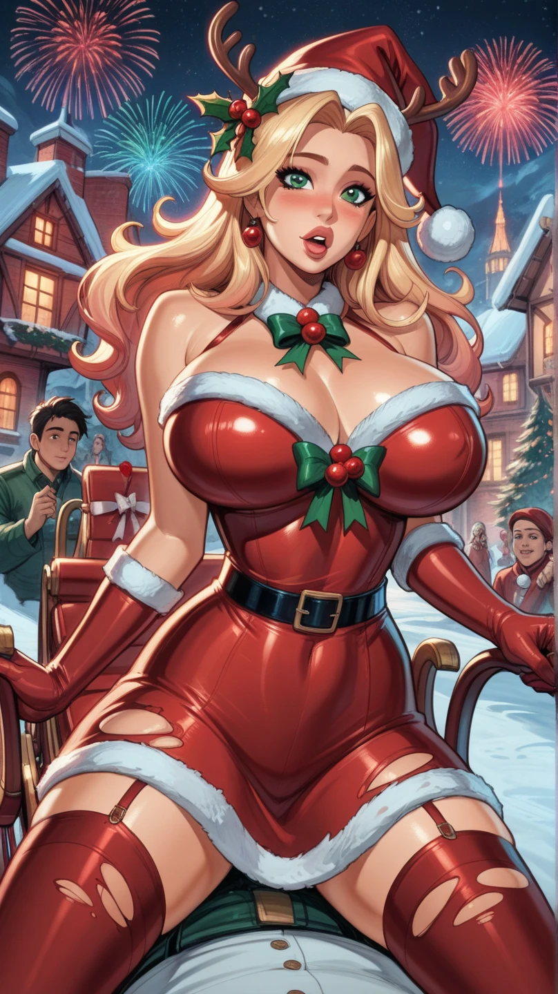 1woman cyberpunk miss claus sexy christmas, dynamic posing, massive sagging breasts, outside posing in christmas town at night with presents and festive lights, high saturation highres high quality detailed