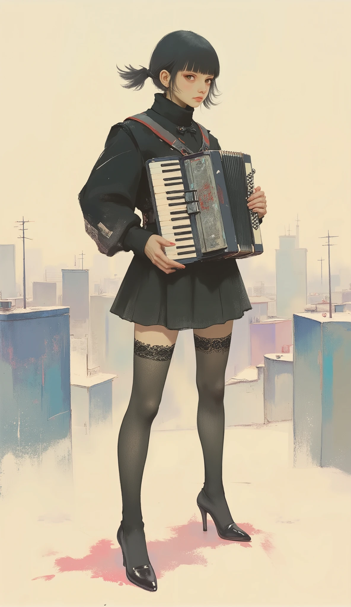 woman playing accordion ,black riders jacket、miniskirt、black patent leather pin heels、Black Lace Carter Belt、Black Lace Braided Tights、Help Chest、Twin Tails、dark hair、poster art ,screen print poster, Graphic Novel Cover Art, graphic details ,Advertisement Art,Poster Illustration, Illustrated poster, By Jens Sondergaard ,Fashion Illustration on Watercolor Blank Background,promotional poster,comic book cover ,Fashion Illustration by Emil Lindenfeld Falling to the Ground,Center Line,dynamicな構図、dynamic、