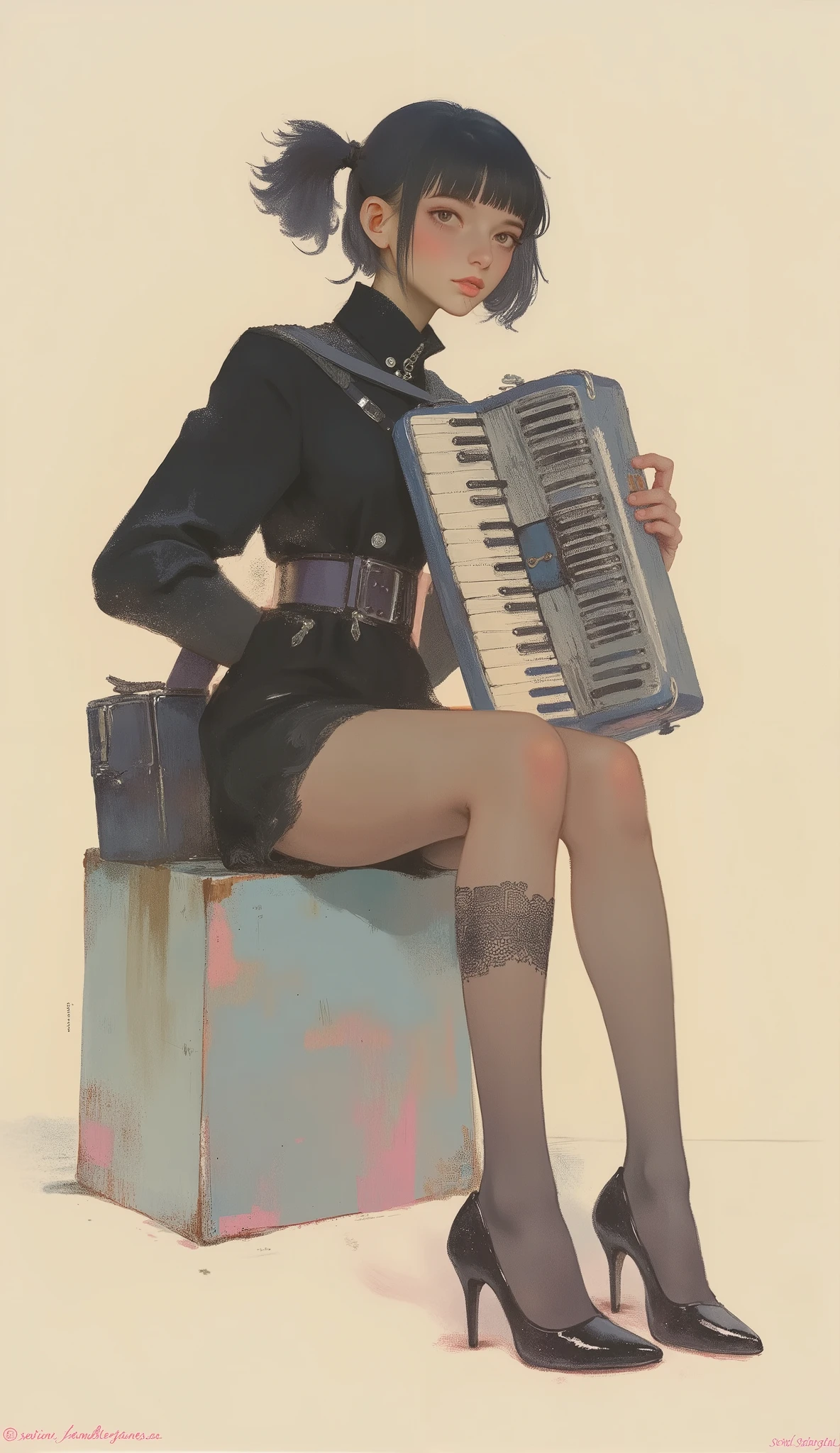 woman playing accordion ,black riders jacket、miniskirt、black patent leather pin heels、Black Lace Carter Belt、Black Lace Braided Tights、Help Chest、Twin Tails、dark hair、poster art ,screen print poster, Graphic Novel Cover Art, graphic details ,Advertisement Art,Poster Illustration, Illustrated poster, By Jens Sondergaard ,Fashion Illustration on Watercolor Blank Background,promotional poster,comic book cover ,Fashion Illustration by Emil Lindenfeld Falling to the Ground,Center Line,dynamicな構図、dynamic、