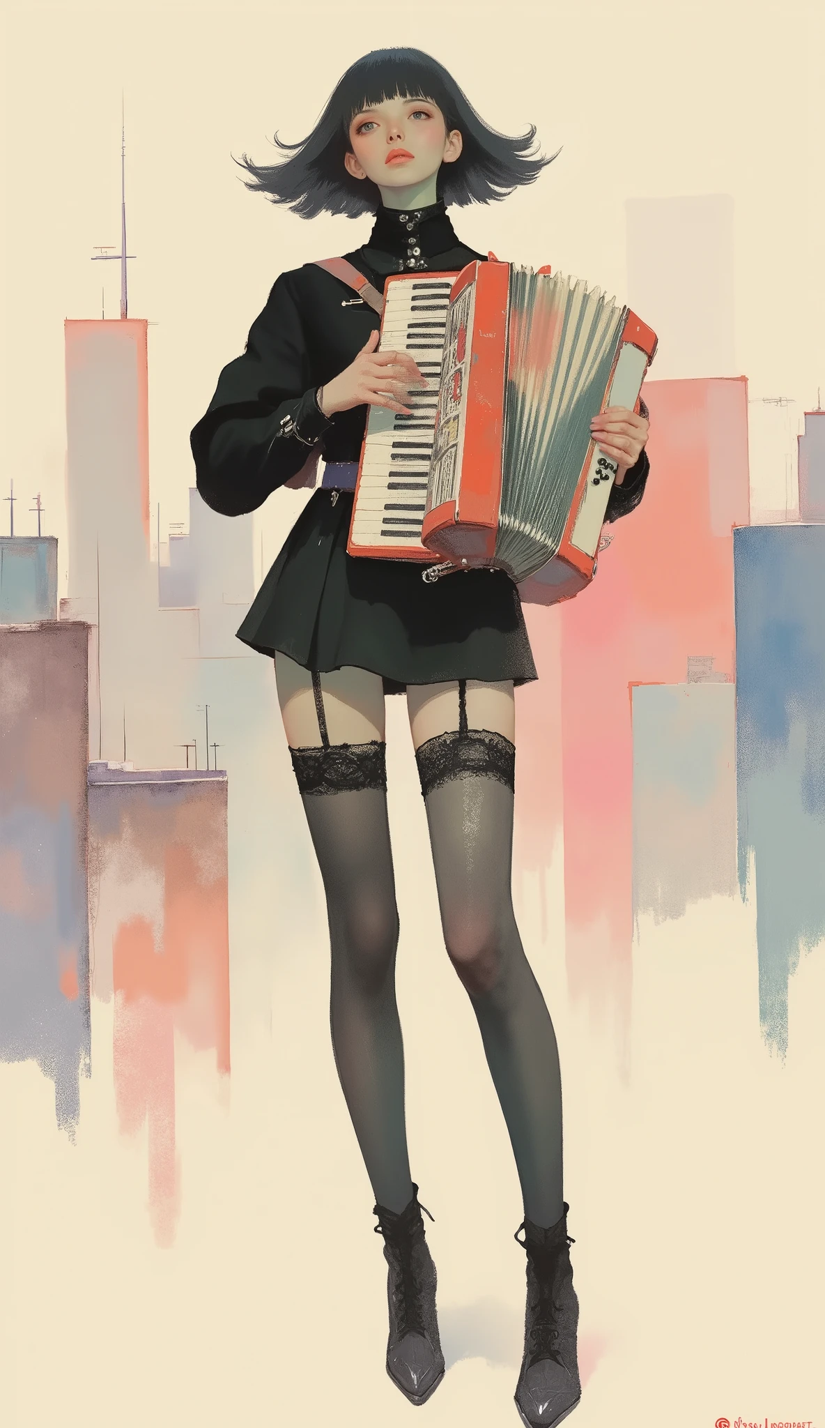 woman playing accordion ,black riders jacket、miniskirt、black patent leather pin heels、Black Lace Carter Belt、Black Lace Braided Tights、Help Chest、Twin Tails、dark hair、poster art ,screen print poster, Graphic Novel Cover Art, graphic details ,Advertisement Art,Poster Illustration, Illustrated poster, By Jens Sondergaard ,Fashion Illustration on Watercolor Blank Background,promotional poster,comic book cover ,Fashion Illustration by Emil Lindenfeld Falling to the Ground,Center Line,dynamicな構図、dynamic、