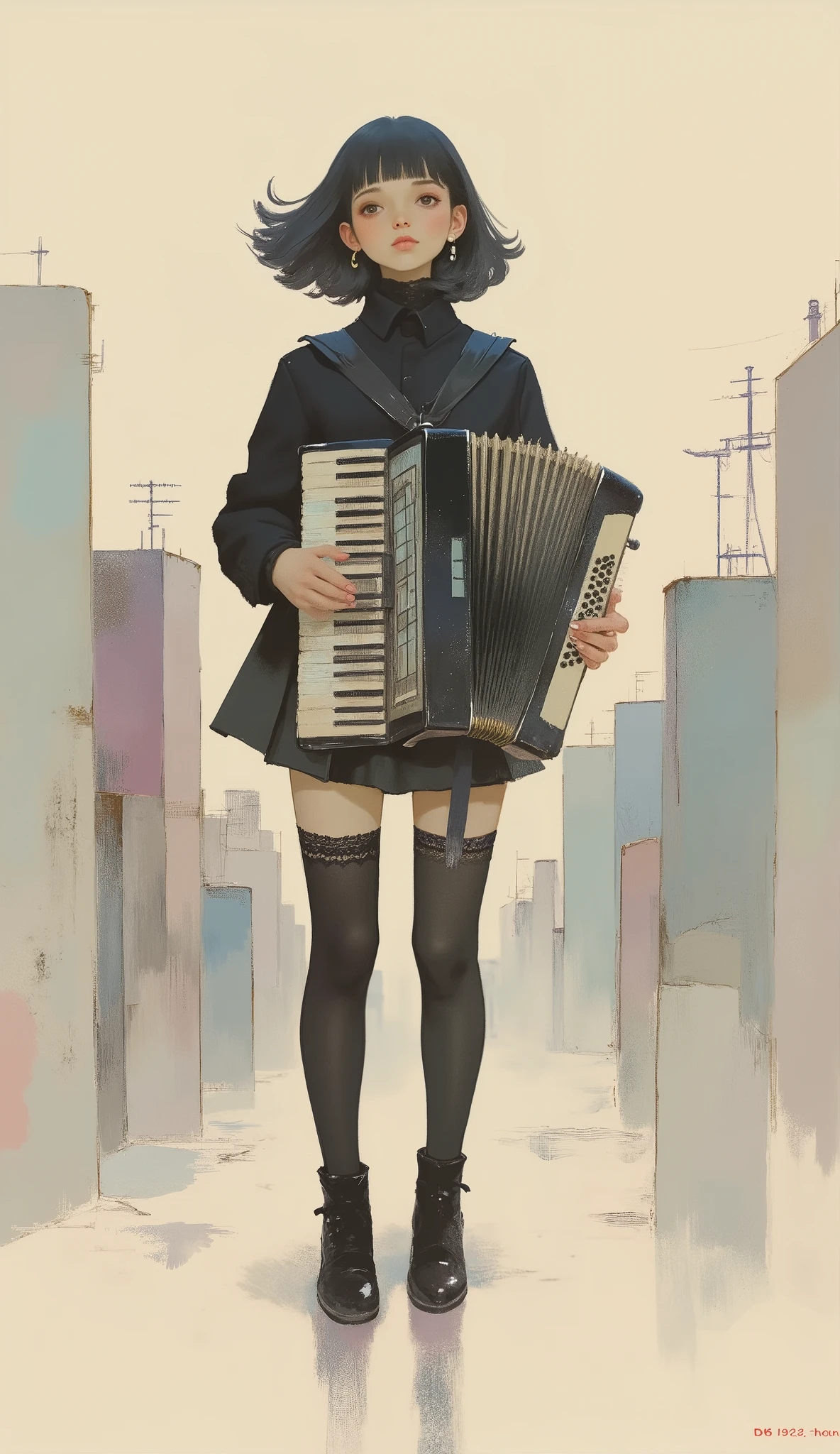 woman playing accordion ,black riders jacket、miniskirt、black patent leather pin heels、Black Lace Carter Belt、Black Lace Braided Tights、Help Chest、Twin Tails、dark hair、poster art ,screen print poster, Graphic Novel Cover Art, graphic details ,Advertisement Art,Poster Illustration, Illustrated poster, By Jens Sondergaard ,Fashion Illustration on Watercolor Blank Background,promotional poster,comic book cover ,Fashion Illustration by Emil Lindenfeld Falling to the Ground,Center Line,dynamicな構図、dynamic、