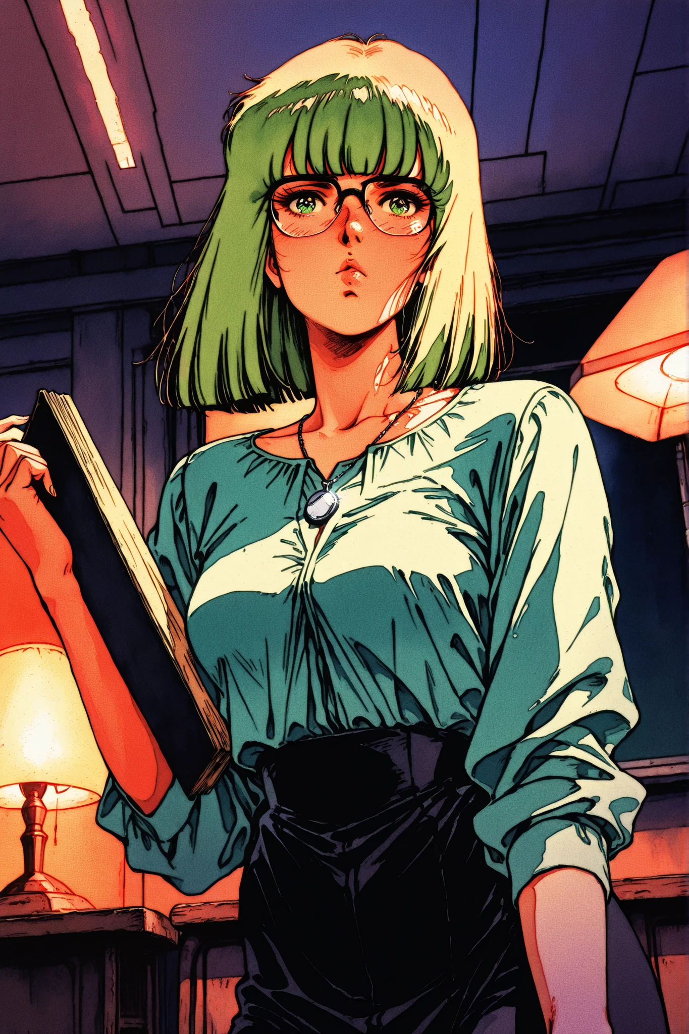 retro anime, classic anime, manga, vintage, flat colors, bold lines, matte, faded colors, retro. (artistic, evocative, stylish, dramatic). Very close view, elegant woman, masterpiece, best quality, highres, Hayase Misa, violet long hair, eyes, 1girl, solo, 1980s style, retro artstyle, cowboy shot, looking at viewer, pouty gloss, futoshi, soft highlights, refined figure, very aesthetic, retro anime, incoth, (retro anime:2.6), female, solo, (1980s anime retro), 80s futuristic school setting, indoors, chrome blackboard, night time, face focus, graceful, green eyes, cute face, slender, modest chest, updo bun, fitted teal blouse, long high-waisted black skirt, librarian glasses, holding textbook, smart shoes, silver necklace, faded colors, glowing desk lamp, samui, quiet classroom, solo, cowboy shot, dutch angle
